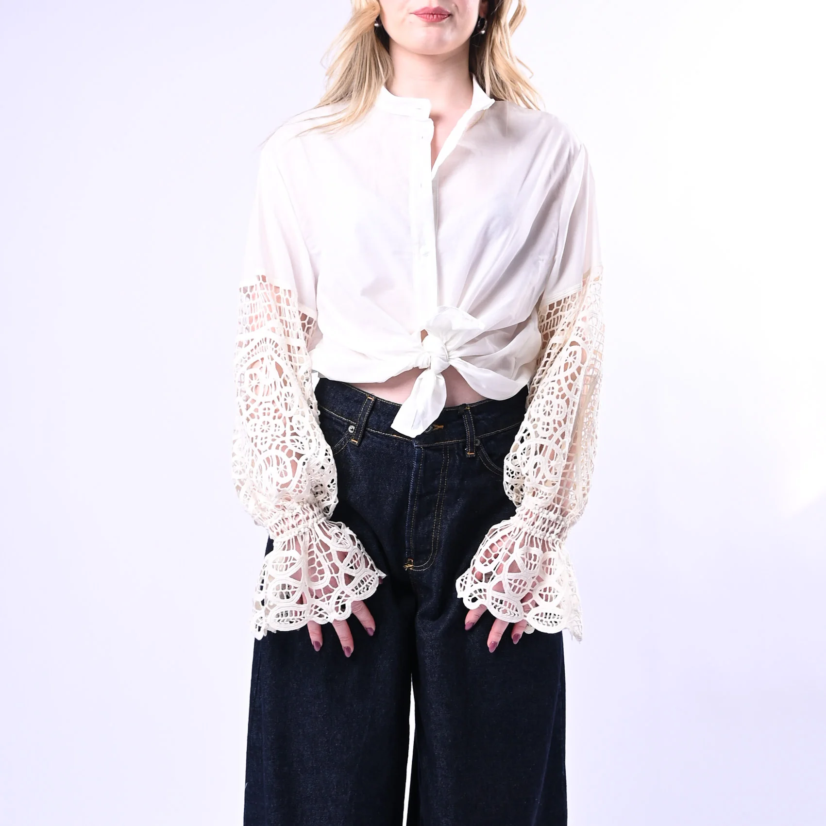 PHILIA LOFT - CAMICA MUSSOLA CON MANICHE CROCHET ART.V02A0744 - BIANCO - Image 2