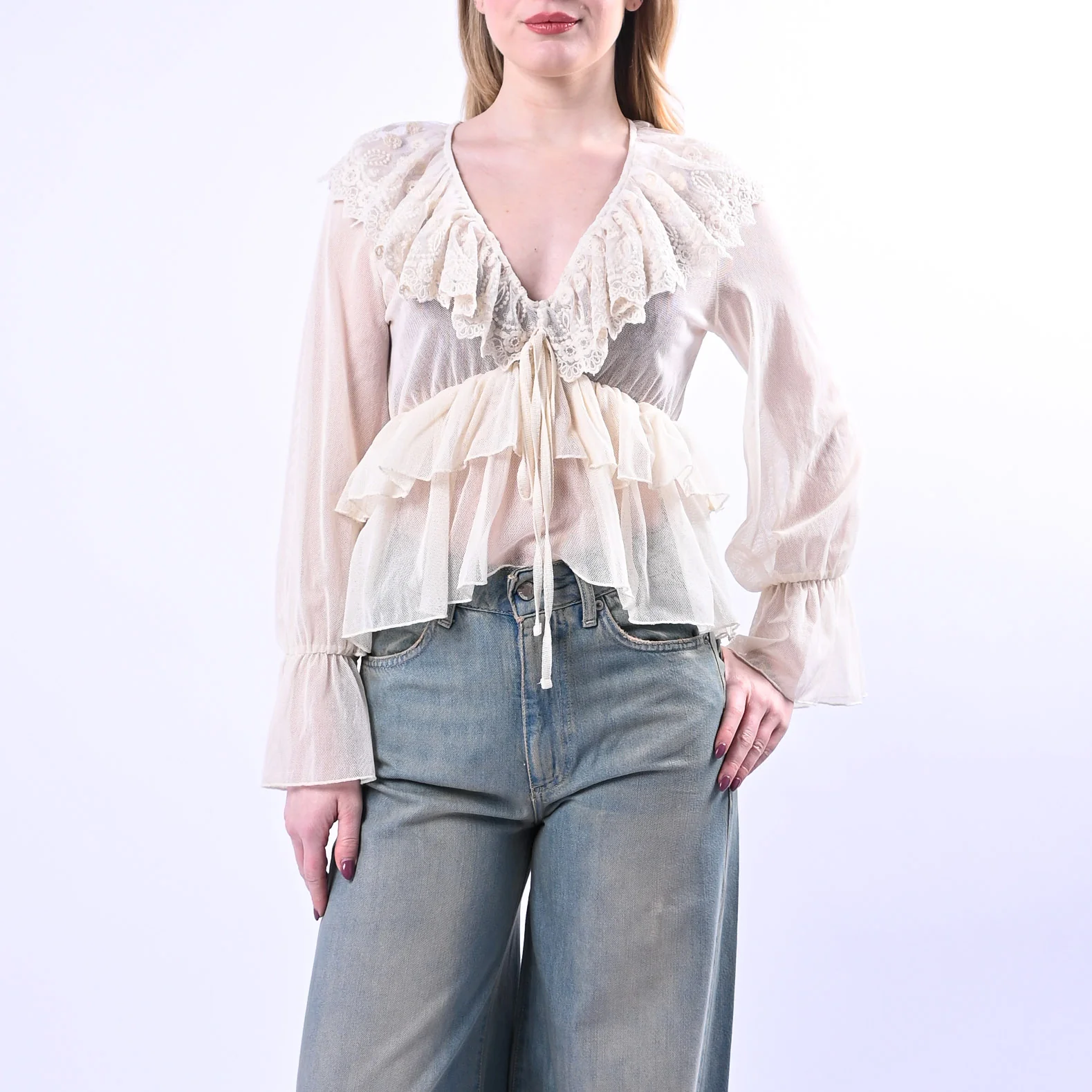 PHILIA LOFT - CAMICA SCOLLO V PIZZO CON BALZE ART.V02A0807/B - BURRO