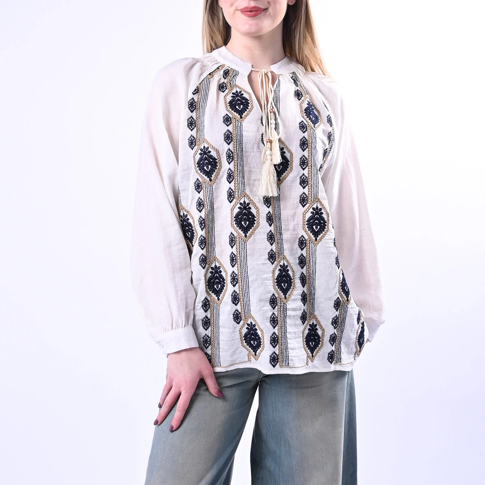 PHILIA LOFT - CAMICIA CON RICAMI ETNICI E NAPPINE ART.D02N0820/B - BURRO