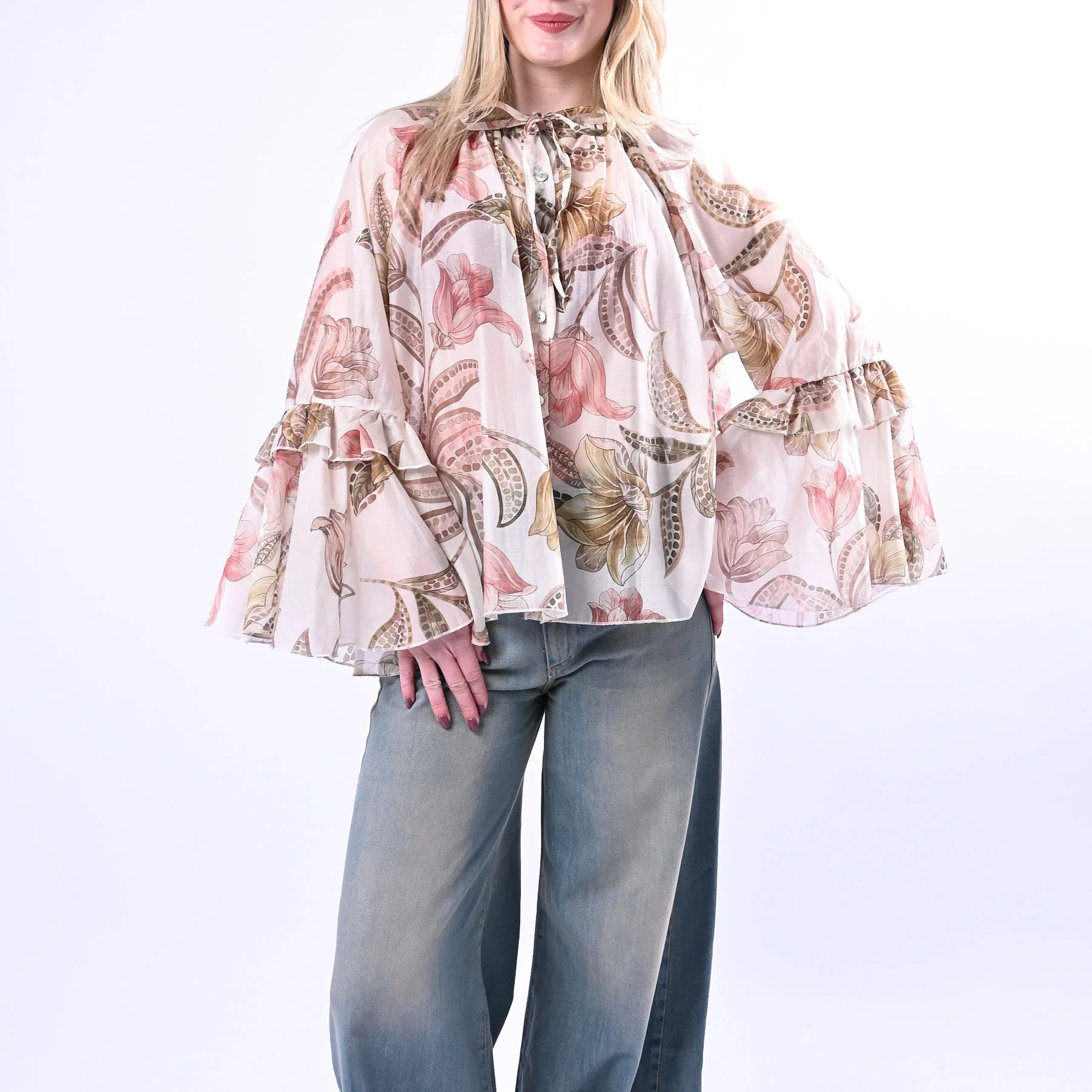 PHILIA LOFT - CAMICIA FLOREALE CON MANICE A BALZE ART.R02L0828/B - BURRO