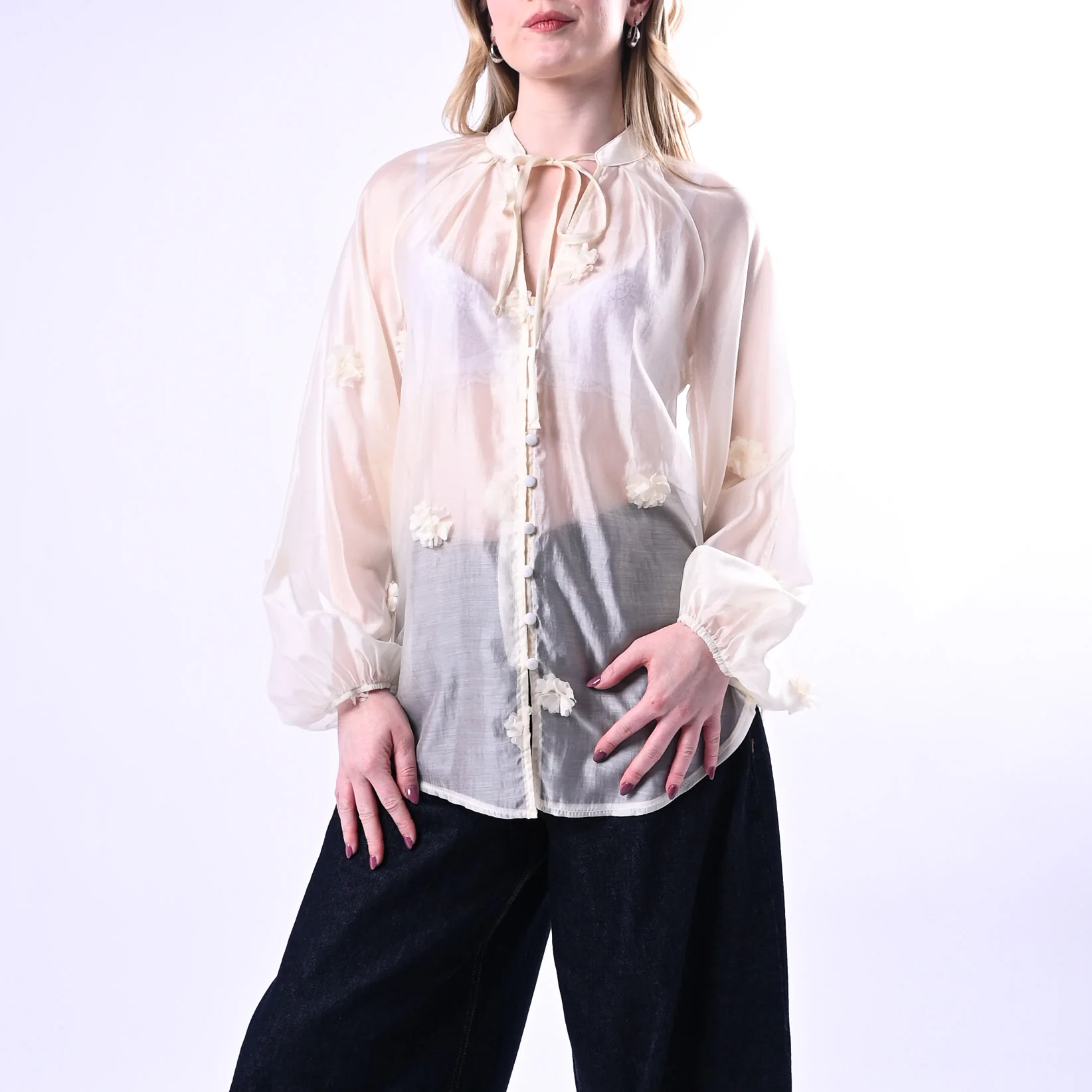 PHILIA LOFT - CAMICIA LYOCELL CON FIORI APPLICATI ART.S02E0311 - CREMA