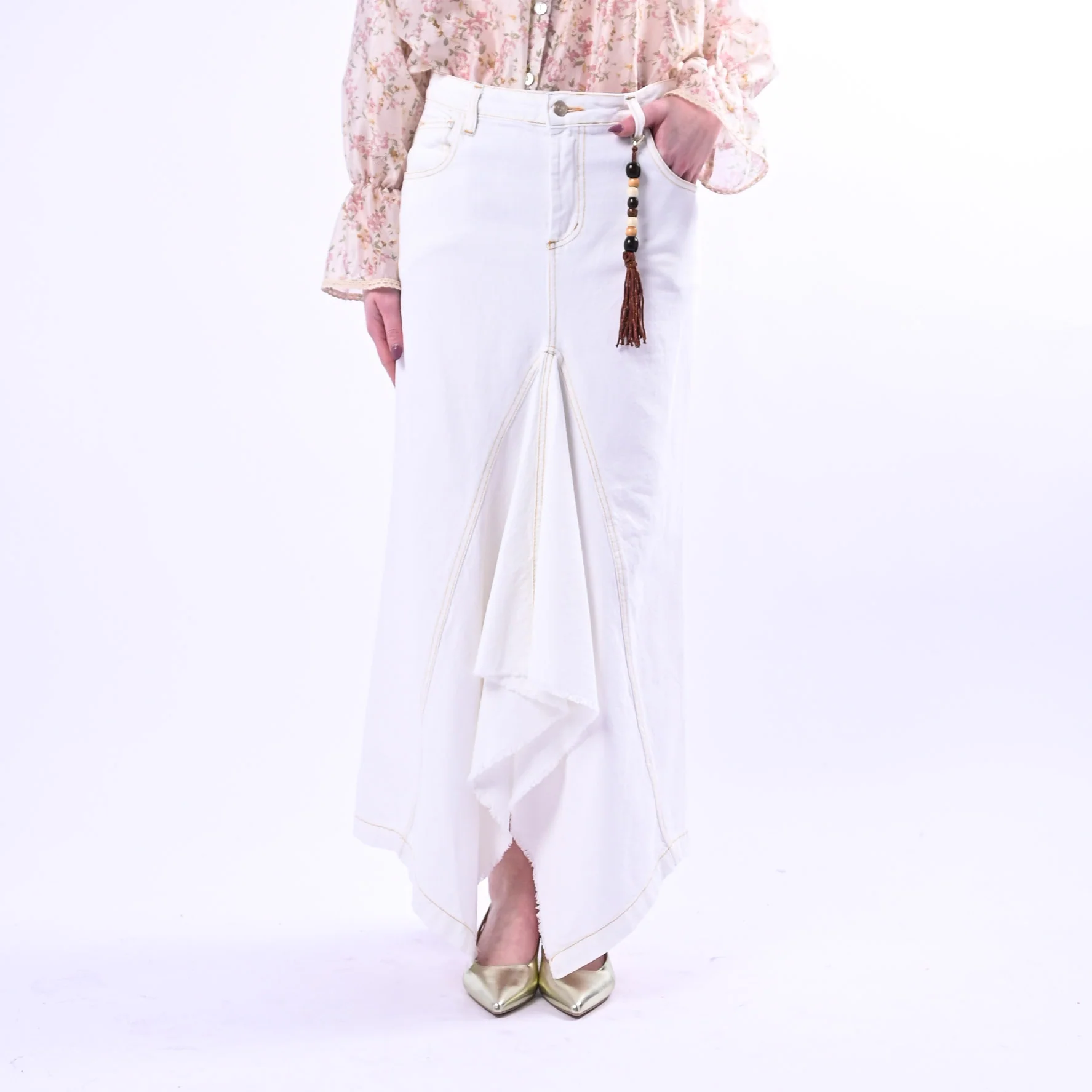 PHILIA LOFT - GONNA LUNGA DENIM A SPICCHI ART.D02E0753/B - BIANCO