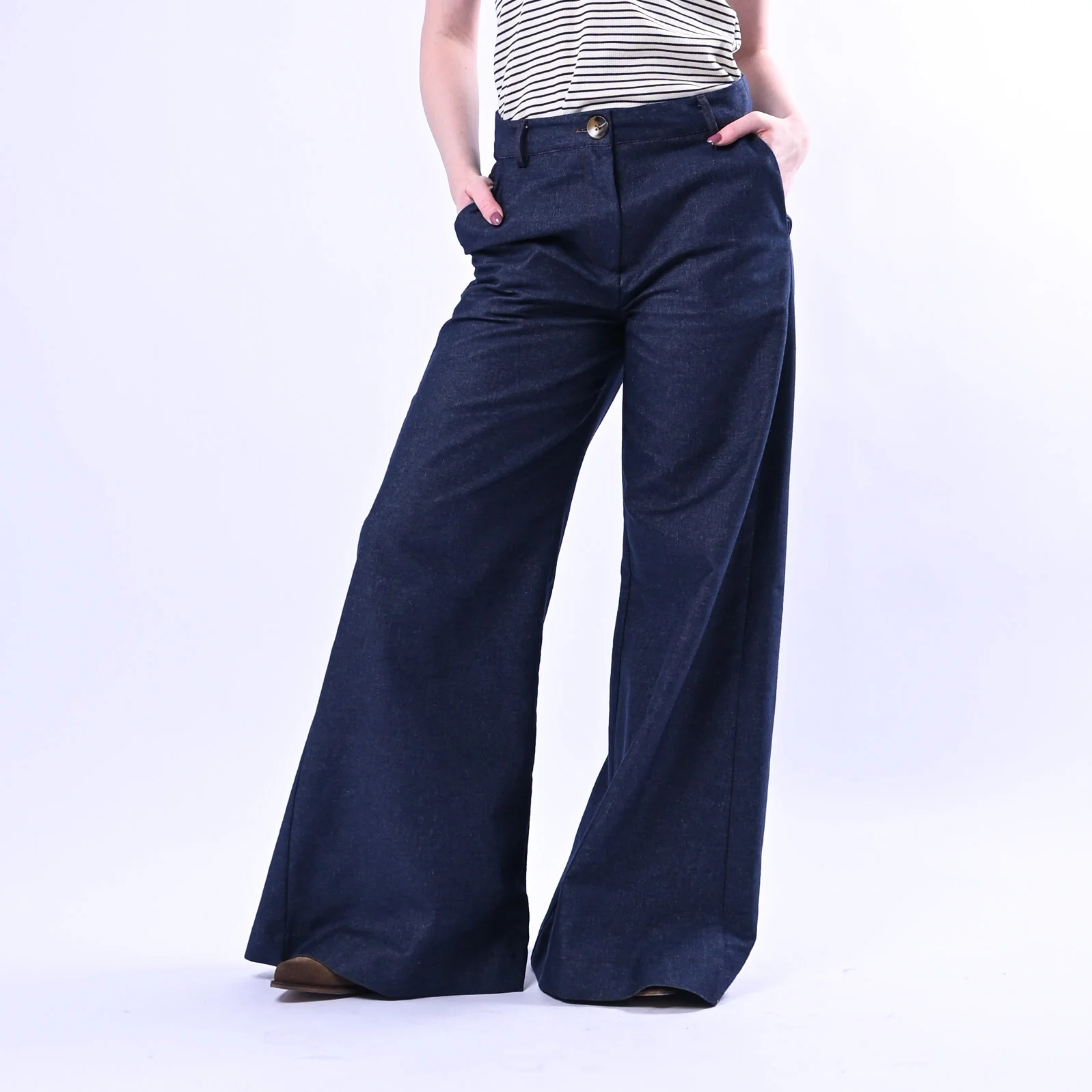 PHILIA LOFT - PANTALONE PALAZZO CHAMBRAY ART.V02F0675 - DENIM SCURO