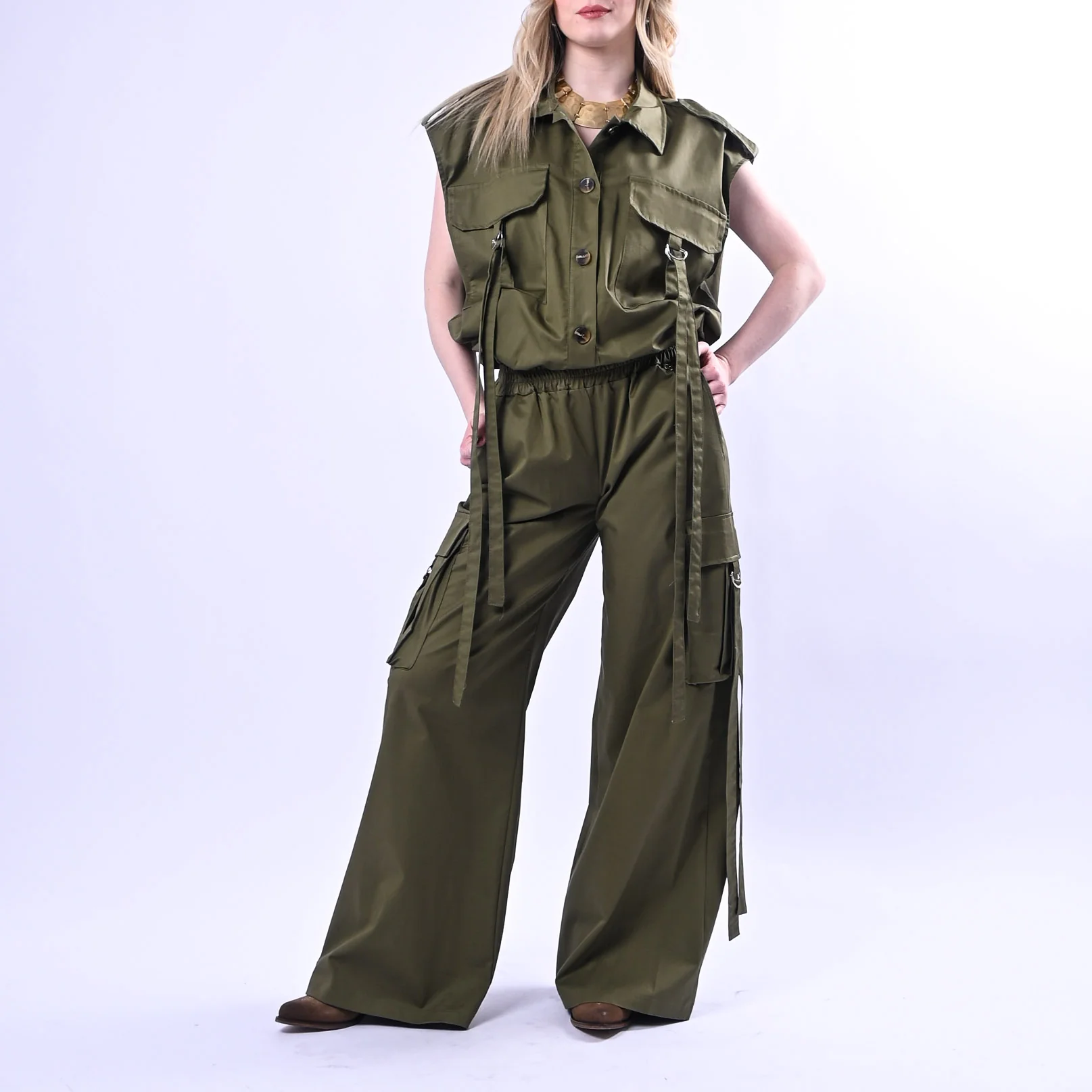 PHILIA LOFT - PANTALONE PALAZZO SAFARI CON TASCONI ART.D02N0664 - MILITARE - Image 5