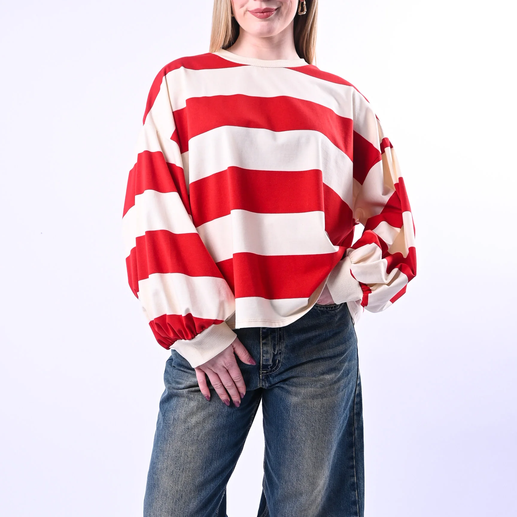 PHILIA LOFT - T-SHIRT GIROCOLLO OVER A RIGHE ART.D02N0366/PR - PANNA/ROSSO
