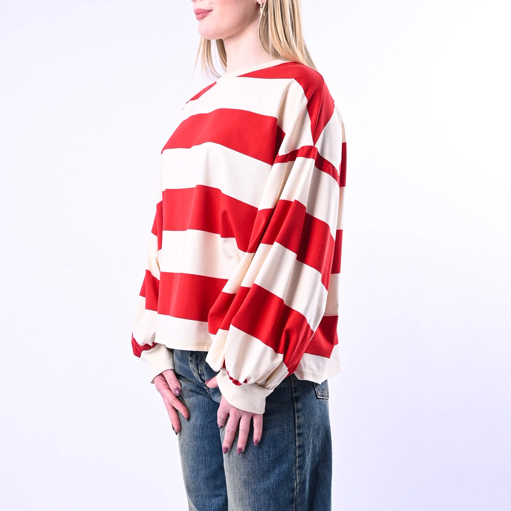 PHILIA LOFT - T-SHIRT GIROCOLLO OVER A RIGHE ART.D02N0366/PR - PANNA/ROSSO - Image 3