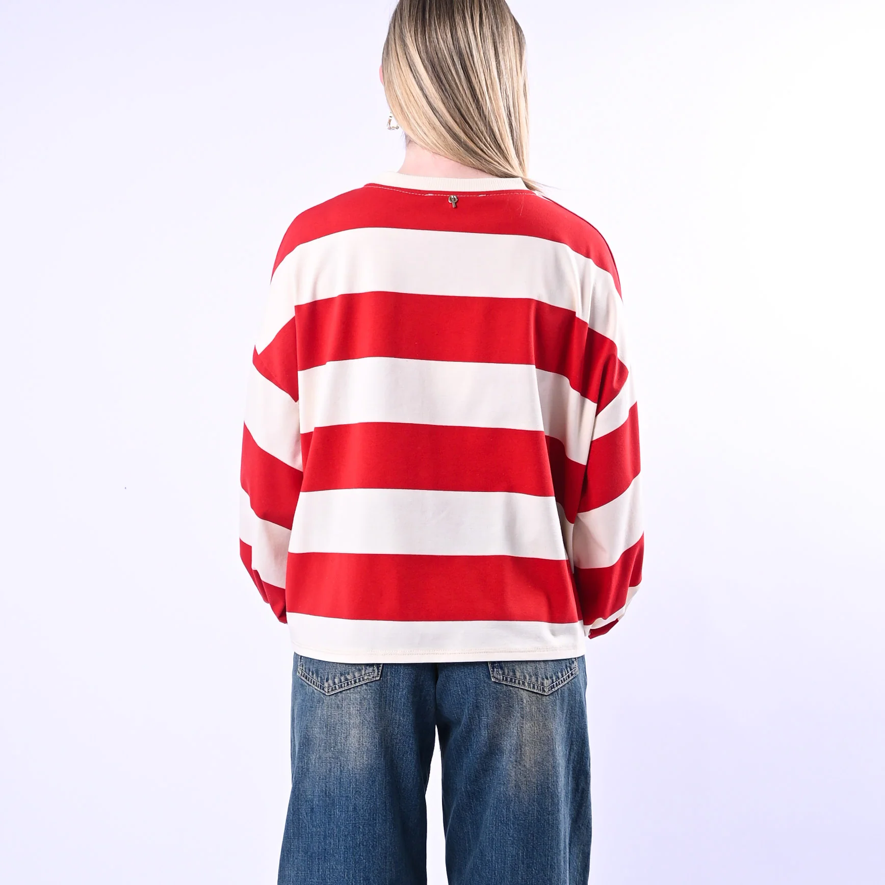 PHILIA LOFT - T-SHIRT GIROCOLLO OVER A RIGHE ART.D02N0366/PR - PANNA/ROSSO - Image 4