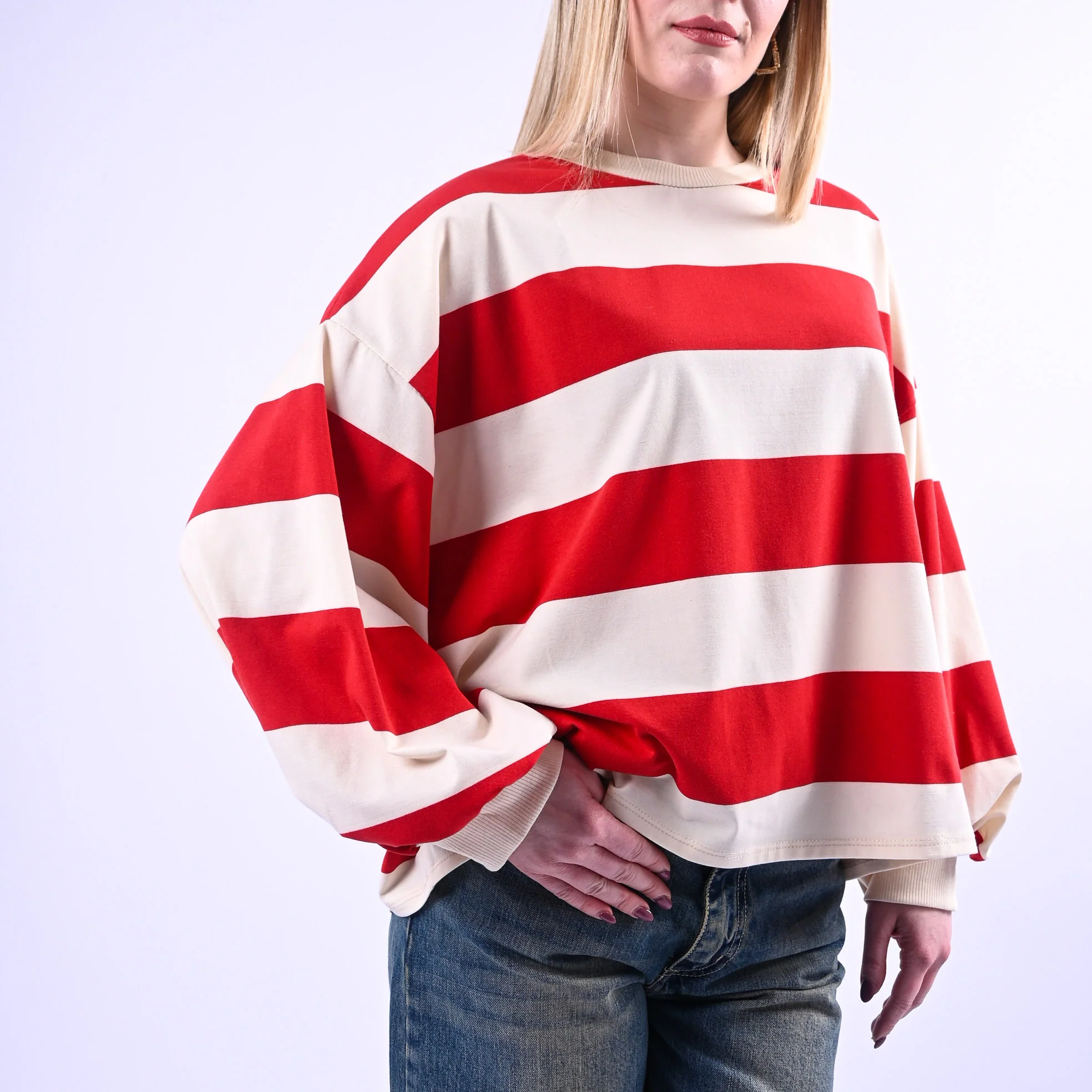 PHILIA LOFT - T-SHIRT GIROCOLLO OVER A RIGHE ART.D02N0366/PR - PANNA/ROSSO - Image 5