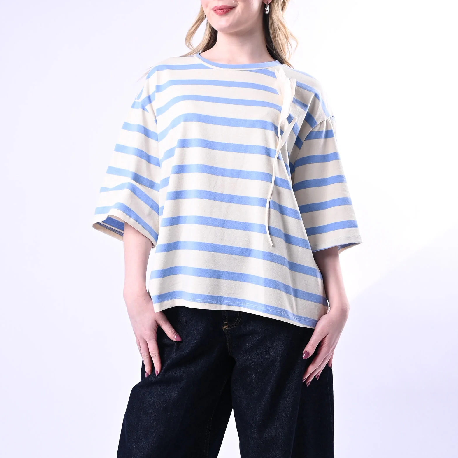 PHILIA LOFT - T-SHIRT OVER A RIGHE CON TULIPANO ART.R02L0438 - CELESTE