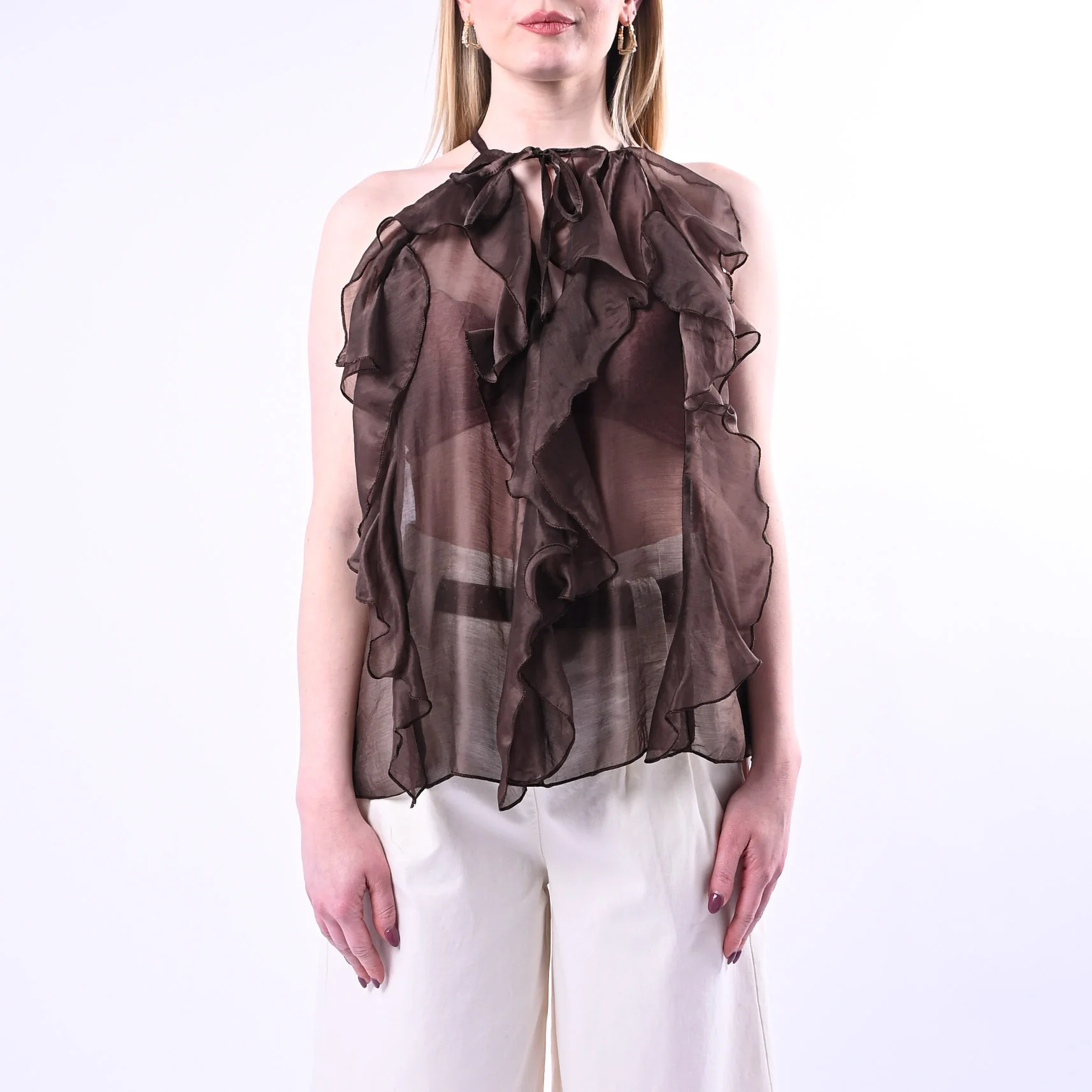 PHILIA LOFT - TOP SCOLLO A GOCCIA CON ROUGES ART.D02N0770/M - MORO - Image 2