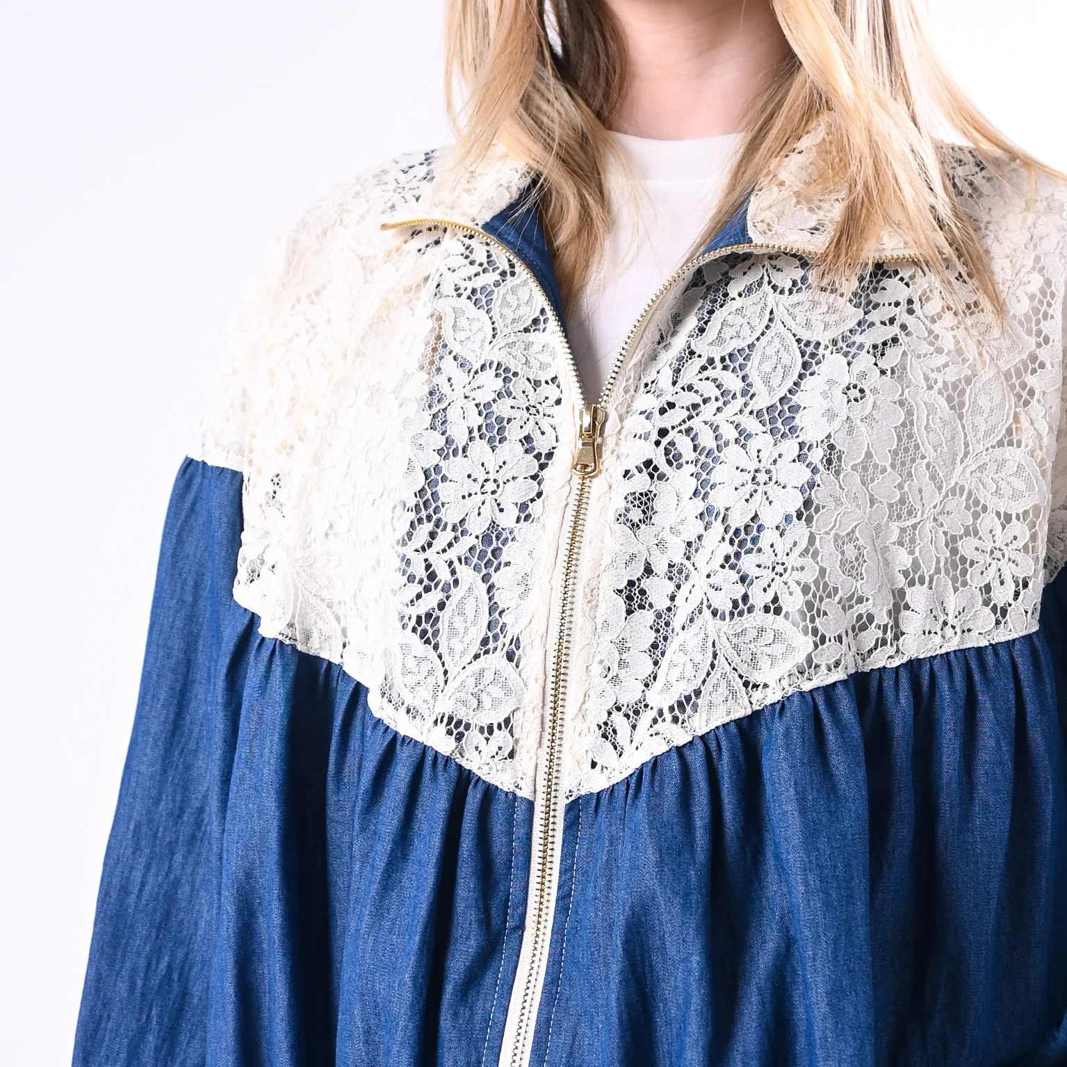 VICOLO - BOMBER OVER PIZZO E CHAMBRAY ART.TAB2066/BJ - BURRO/JEANS - Image 4
