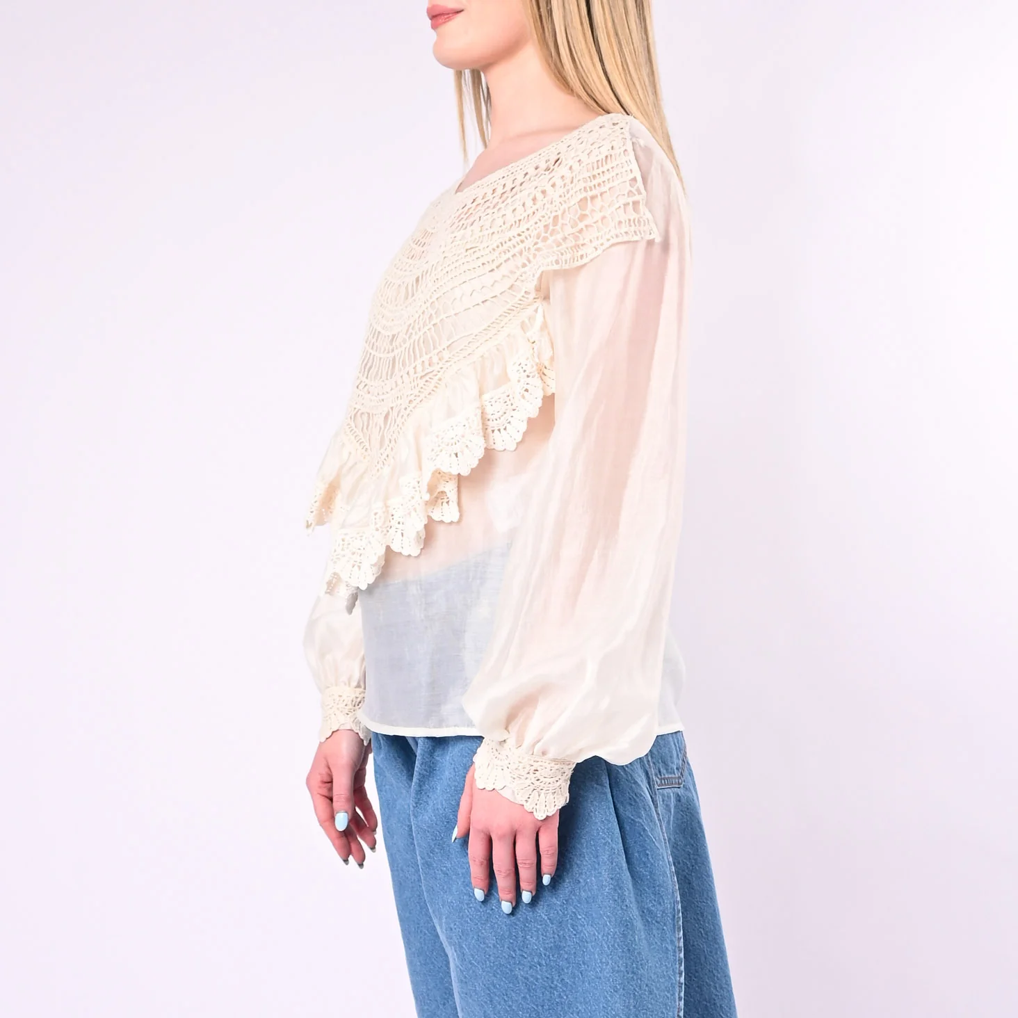 SOUVENIR - BLUSA SCOLLO BACHETTA CON INSERTI PIZZO ART.M39FF1469/P - PANNA - Image 3