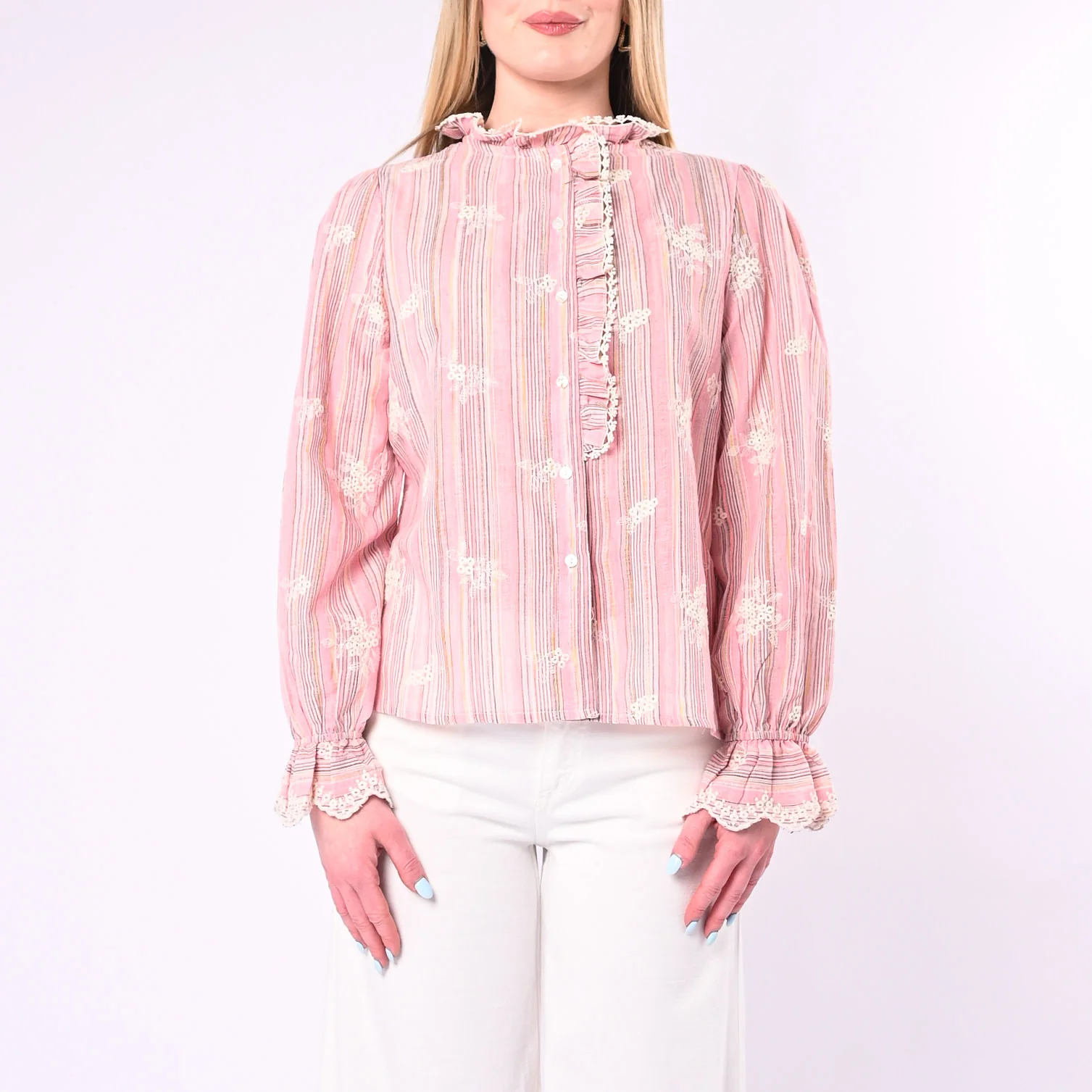 SOUVENIR - CAMICIA GESSATA CON RICAMI E ROUGES ART.D39V1512/R - ROSA - Image 2