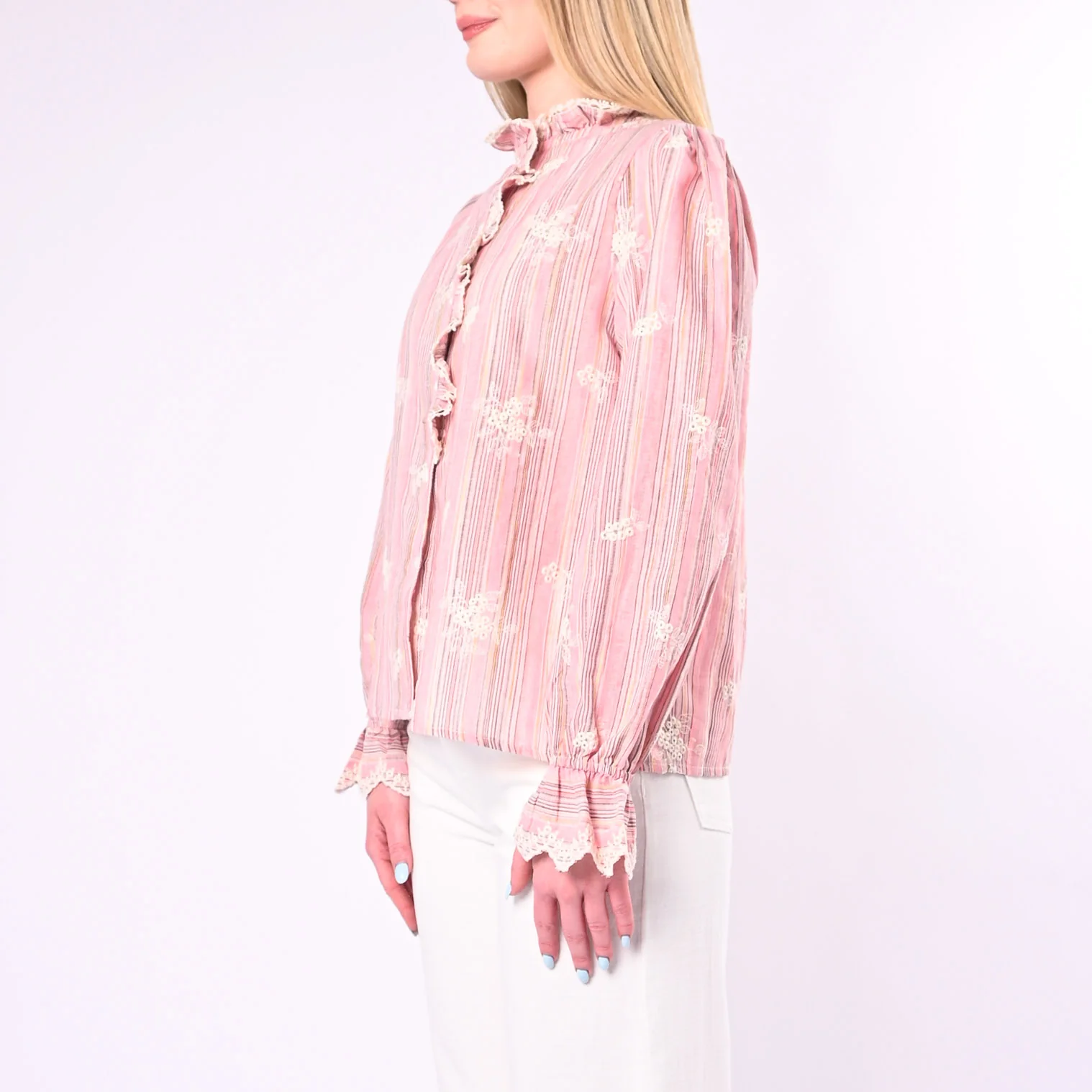 SOUVENIR - CAMICIA GESSATA CON RICAMI E ROUGES ART.D39V1512/R - ROSA - Image 3