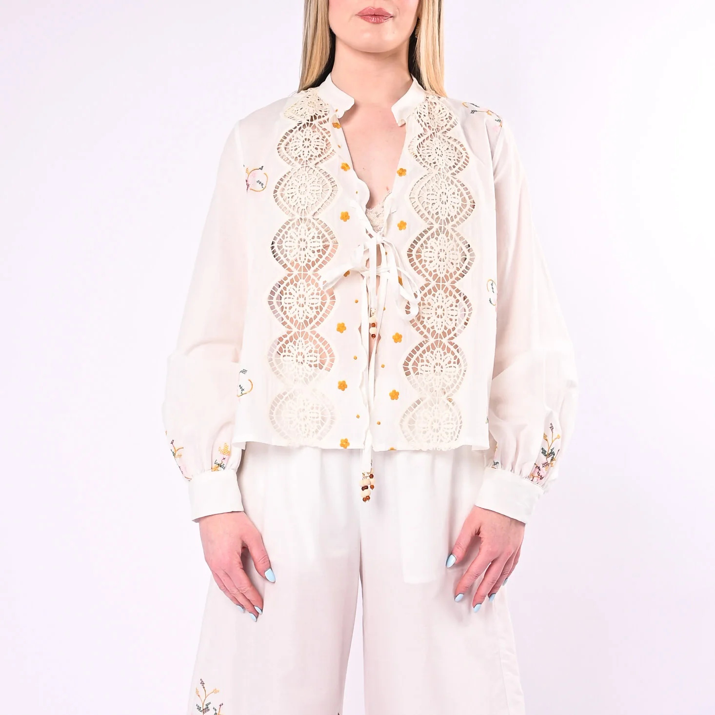 SOUVENIR - CAMICIA INSERTI PIZZO CON RICAMI ART.M39F1358/P - PANNA - Image 3