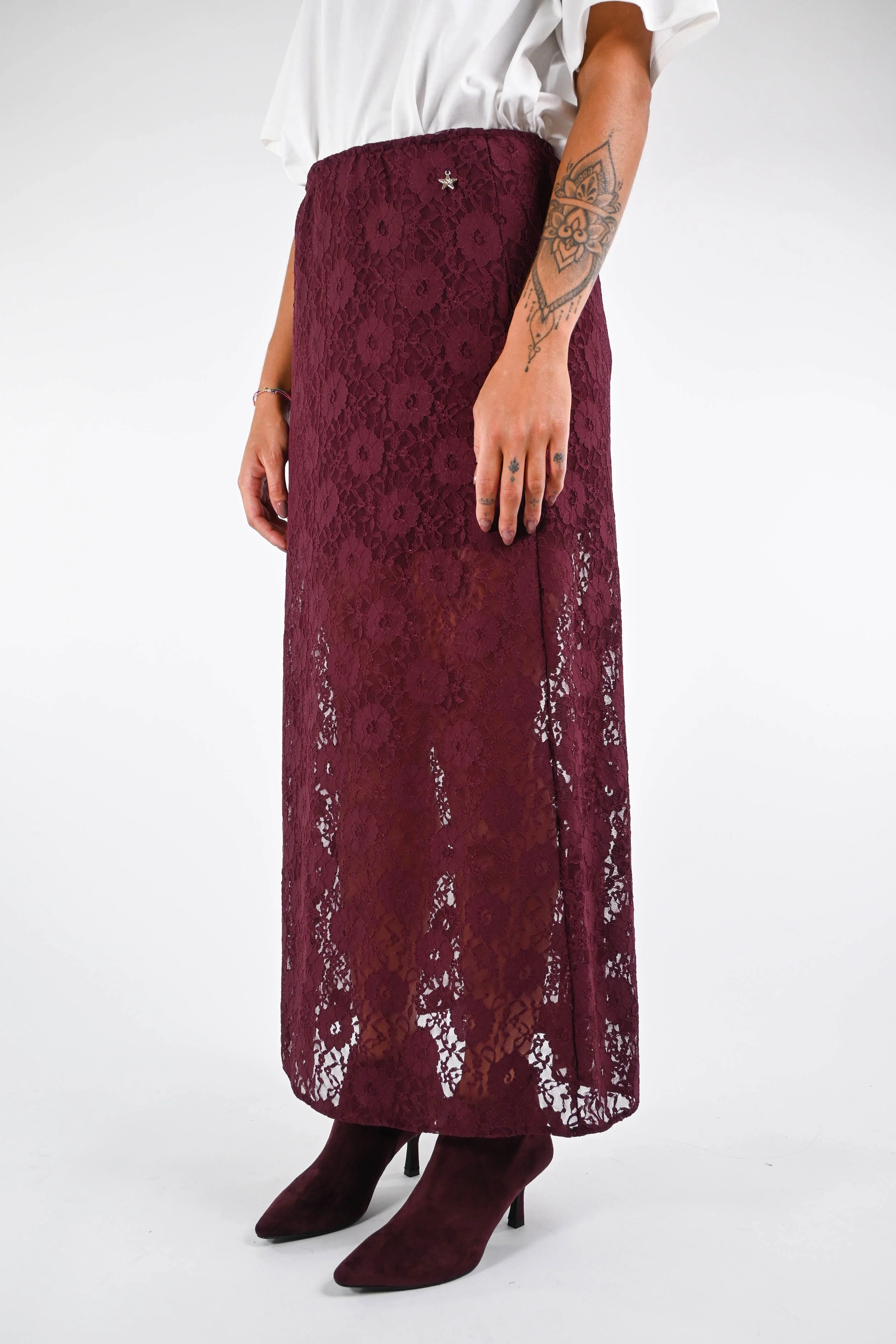 SOUVENIR - GONNA IN PIZZO CON SPACCO ART.M38F0854 - BORDEAUX - Image 3