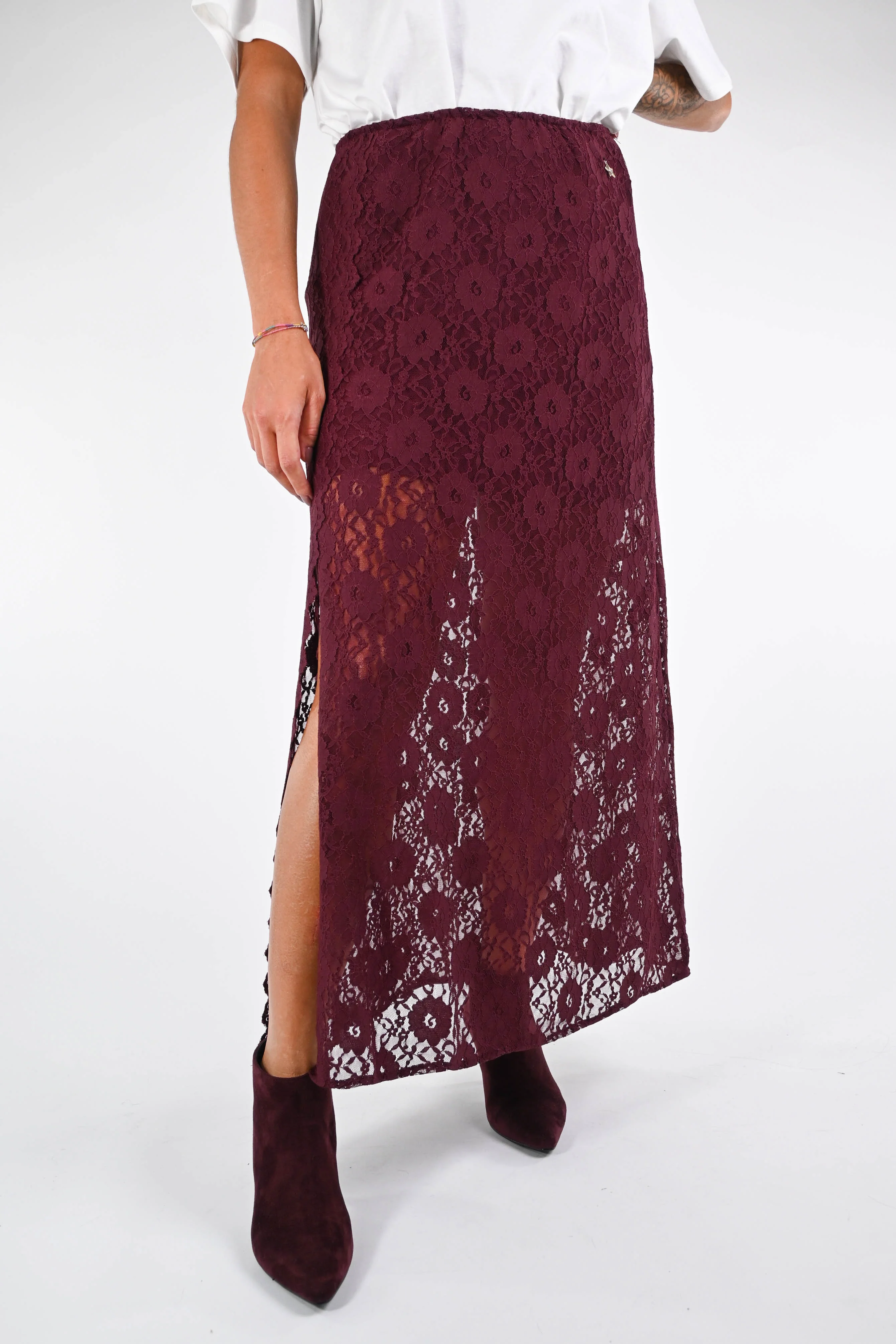 SOUVENIR - GONNA IN PIZZO CON SPACCO ART.M38F0854 - BORDEAUX - Image 5