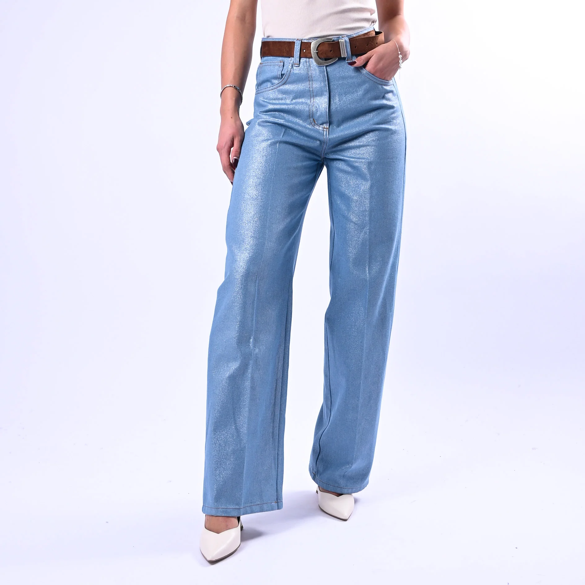 SOUVENIR - JEANS PALAZZO CHAMBRAY SPALMATO ART.S39M0929 - AZZURRO