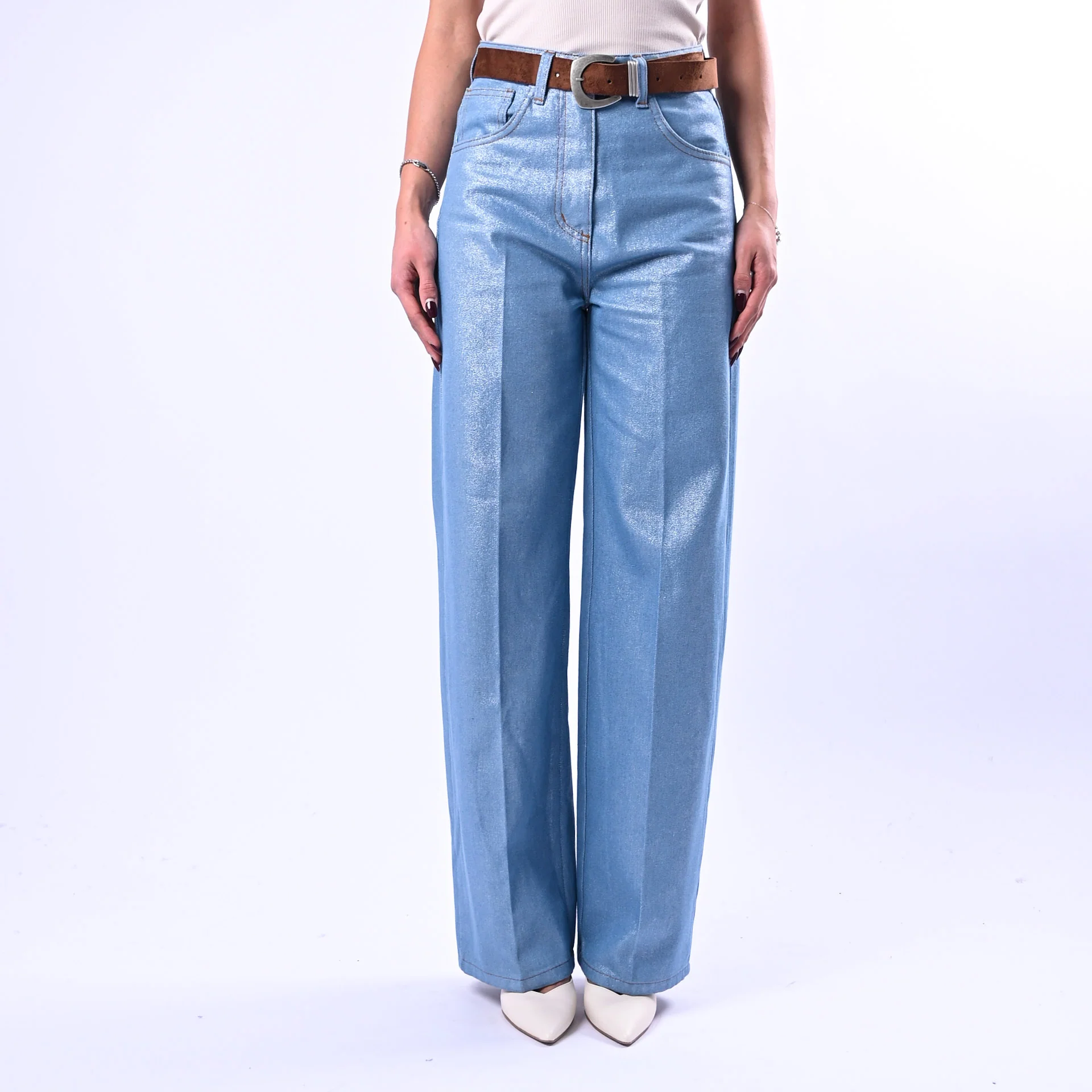 SOUVENIR - JEANS PALAZZO CHAMBRAY SPALMATO ART.S39M0929 - AZZURRO - Image 2