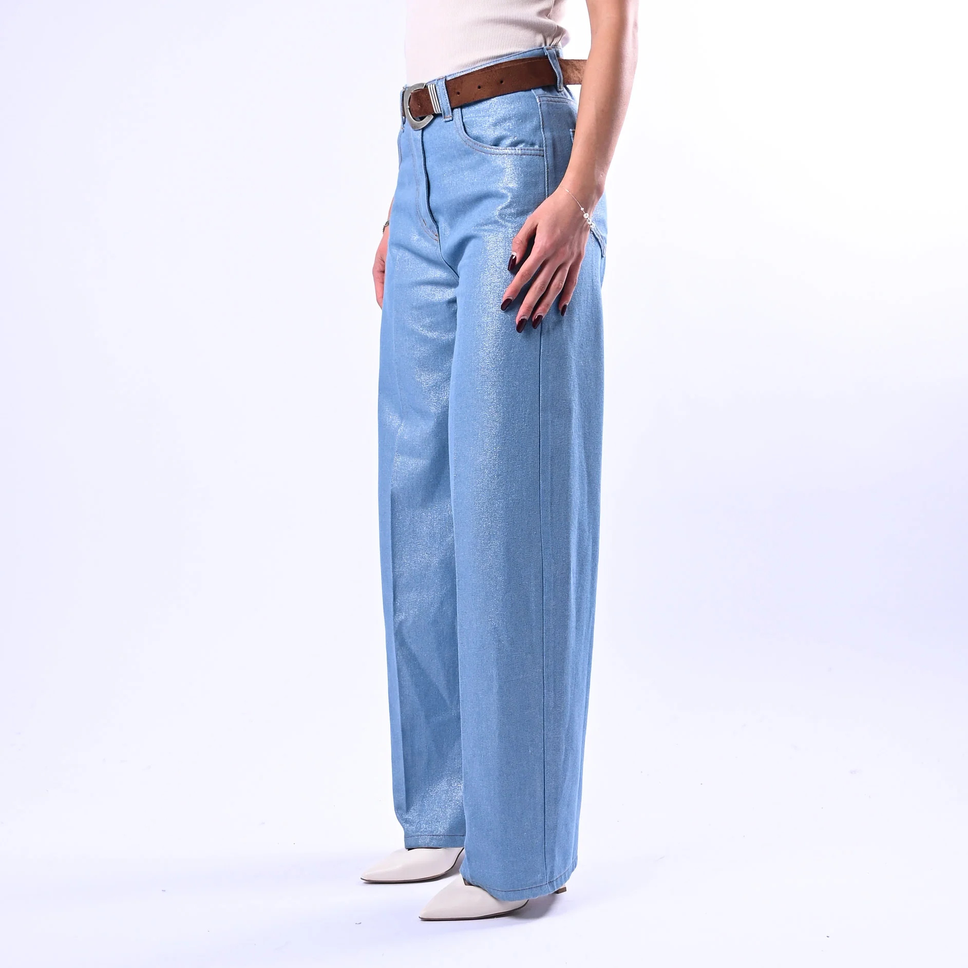 SOUVENIR - JEANS PALAZZO CHAMBRAY SPALMATO ART.S39M0929 - AZZURRO - Image 3
