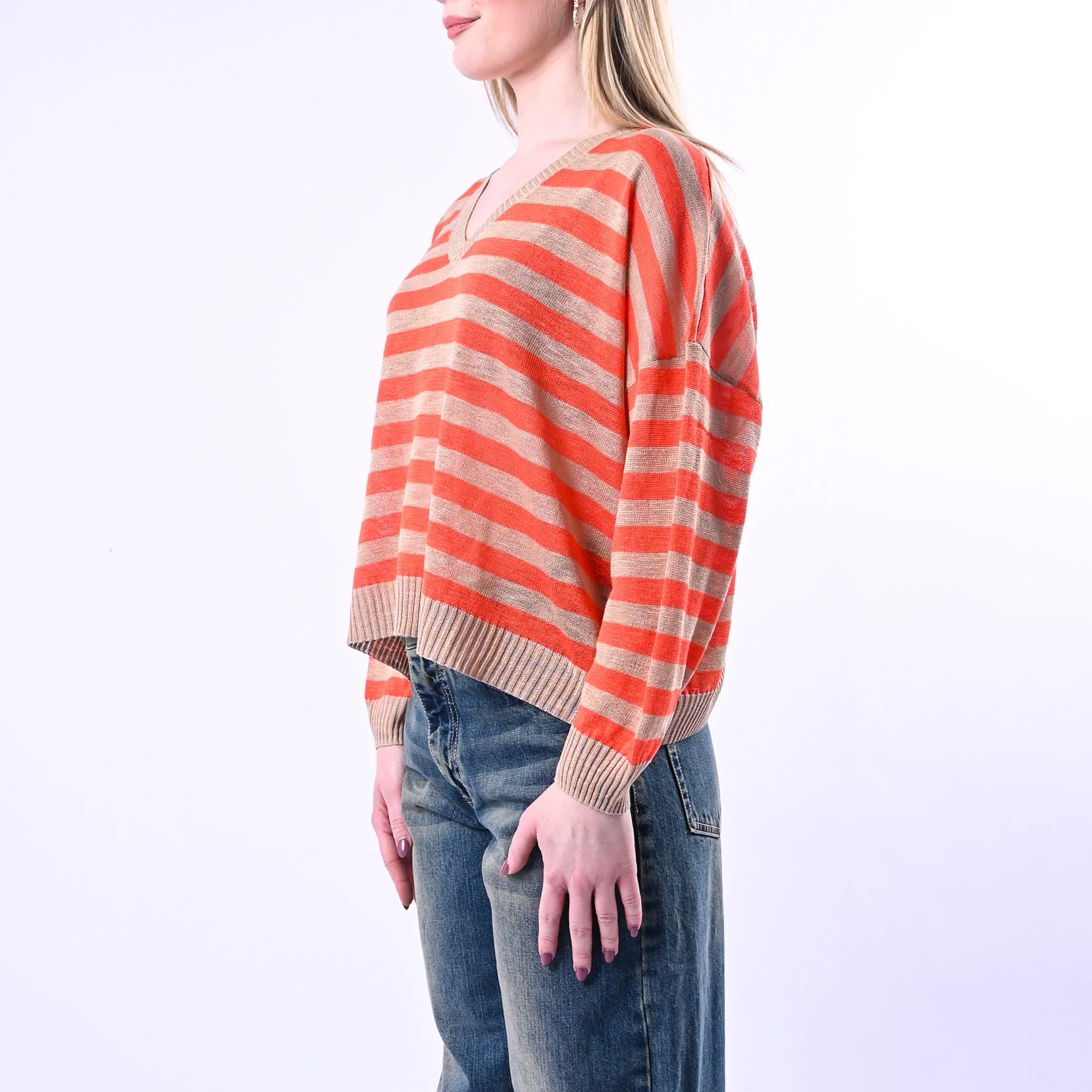 SOUVENIR - MAGLIA OVER A RIGHE SCOLLO V ART.B39D1203/CA - CAMMELLO/ARANCIO - Image 3