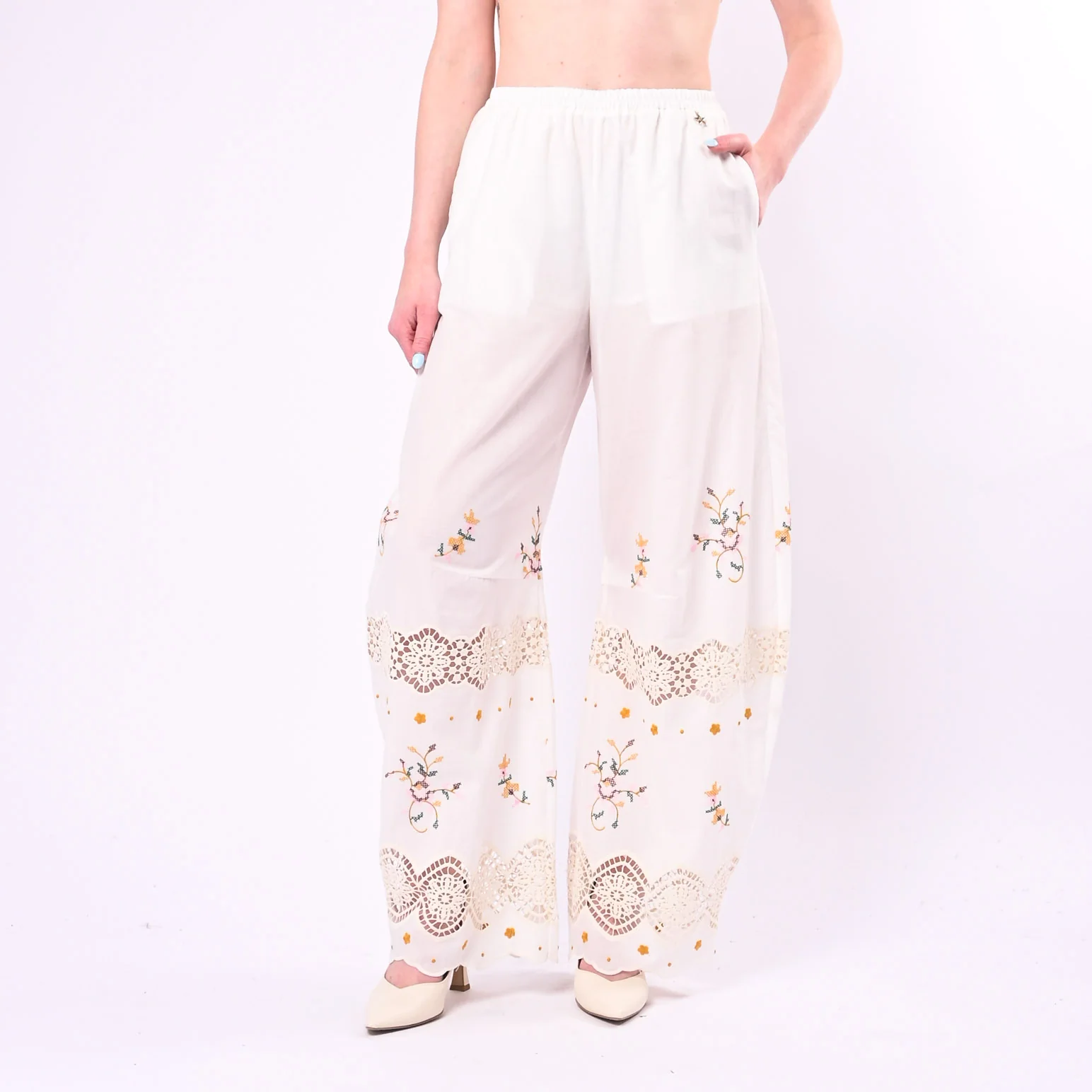 SOUVENIR - PANTALONE BALLON INSERTO PIZZO CON RICAMI ART.M39F1359/P - PANNA