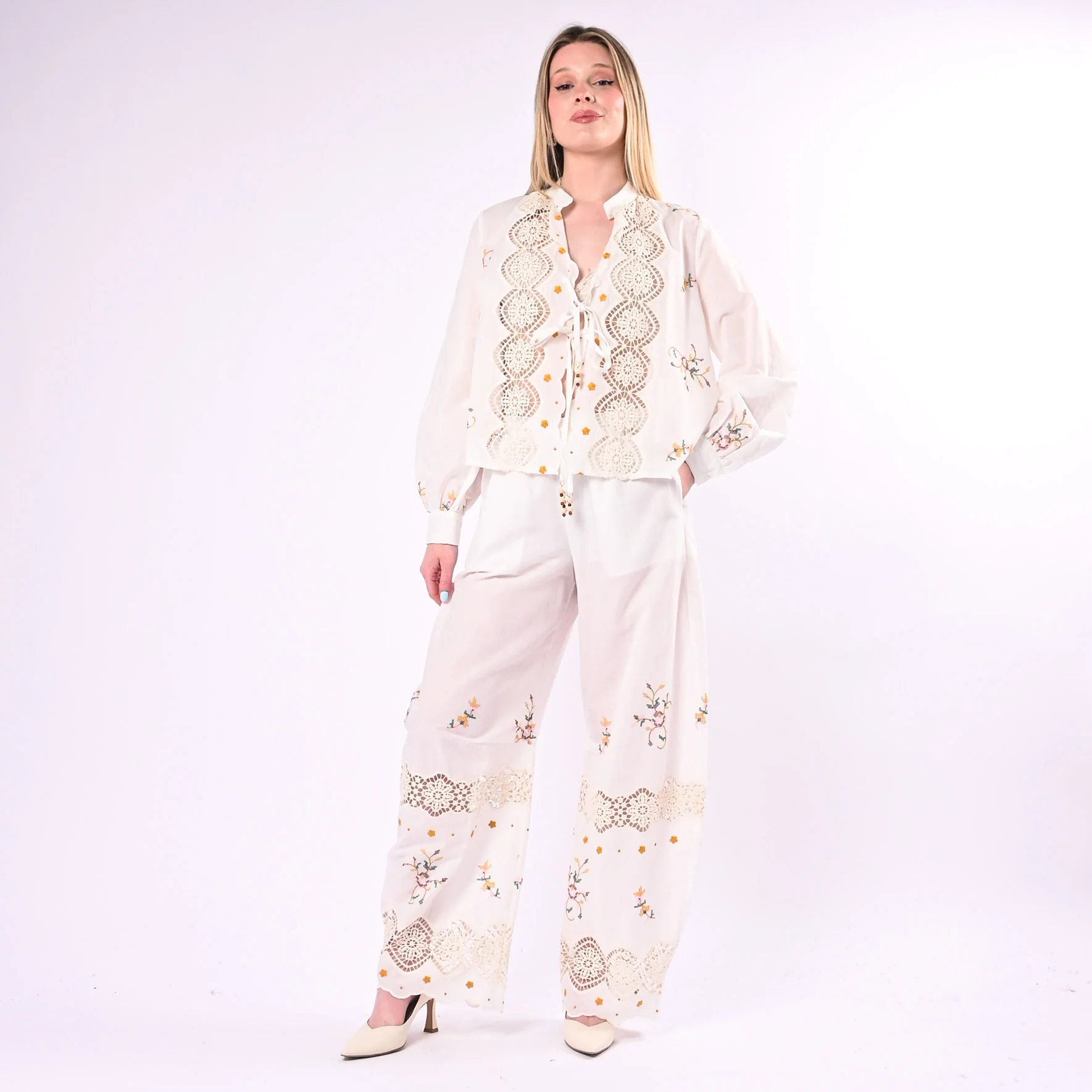 SOUVENIR - PANTALONE BALLON INSERTO PIZZO CON RICAMI ART.M39F1359/P - PANNA - Image 6