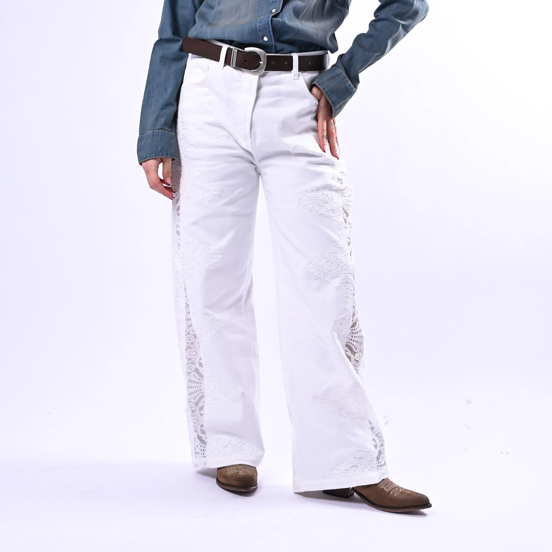 SOUVENIR - PANTALONE BULL DENIM CON INSERTI PIZZO ART.S39M1024 - PANNA