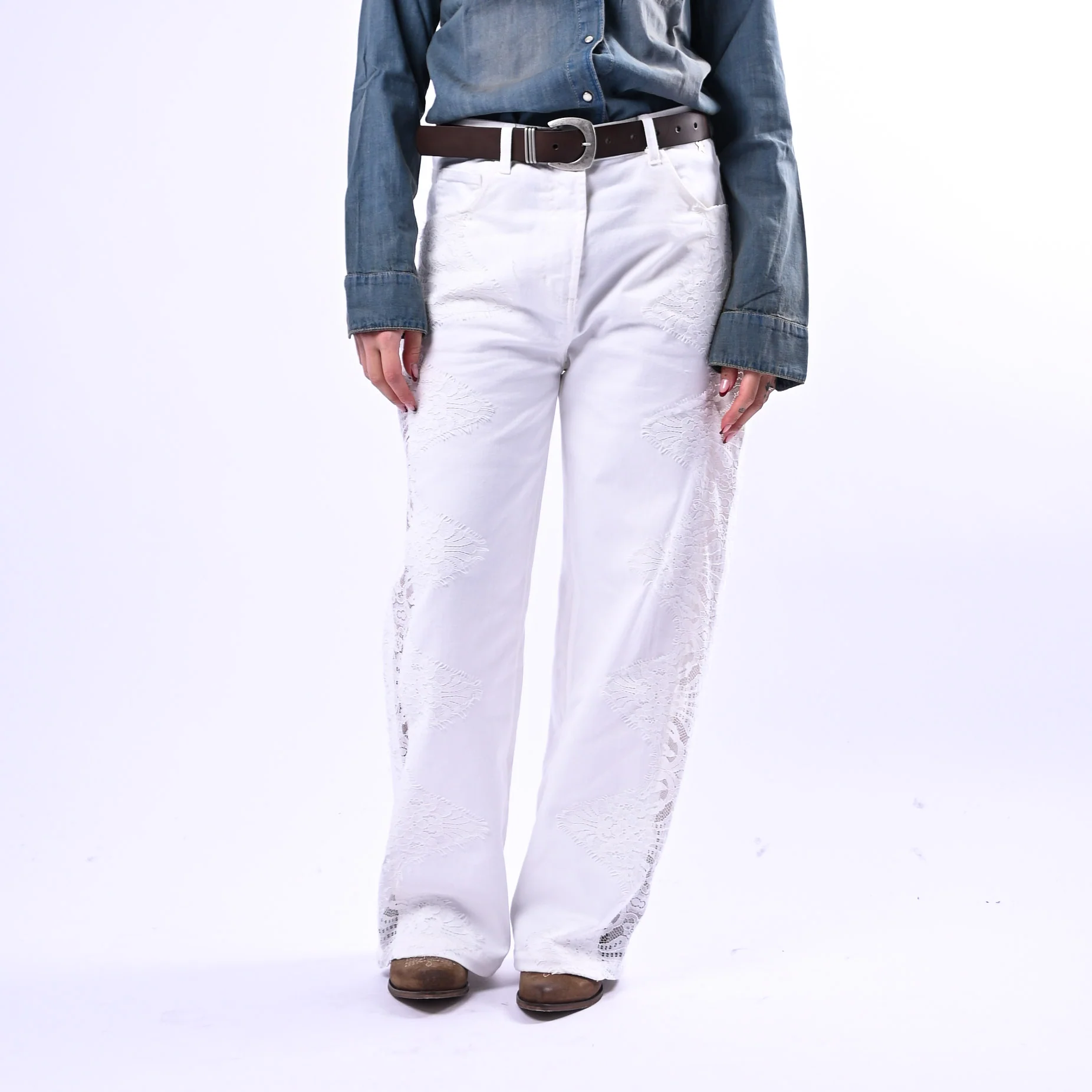 SOUVENIR - PANTALONE BULL DENIM CON INSERTI PIZZO ART.S39M1024 - PANNA - Image 2