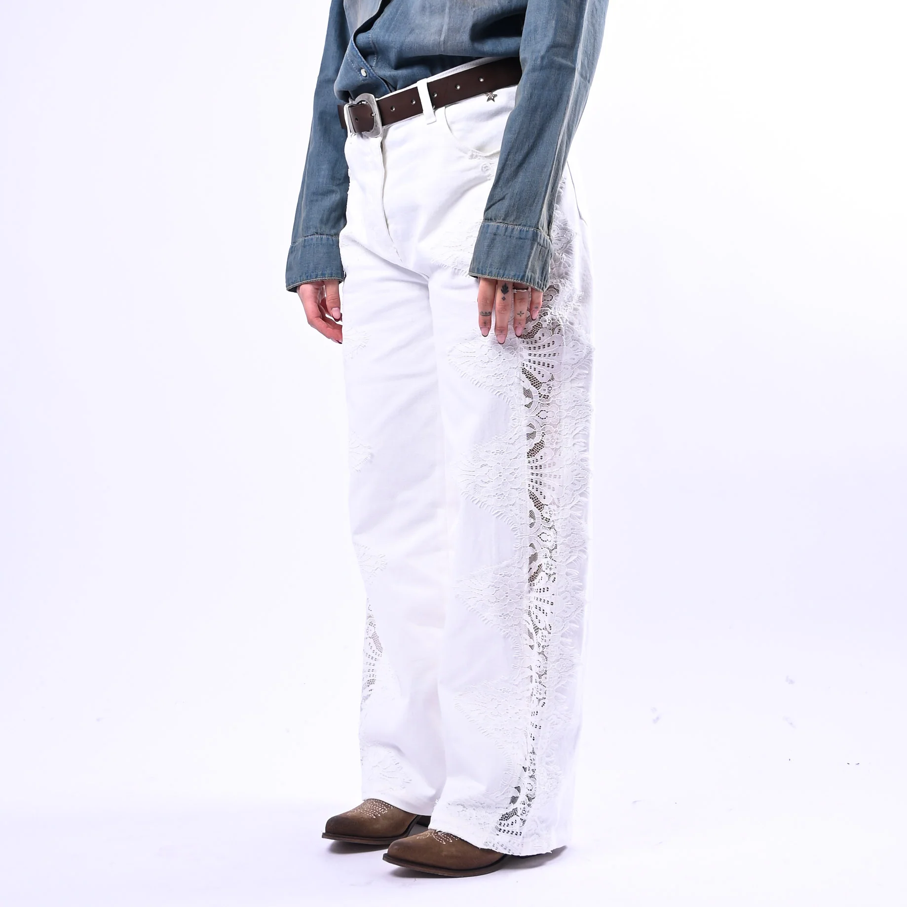 SOUVENIR - PANTALONE BULL DENIM CON INSERTI PIZZO ART.S39M1024 - PANNA - Image 3