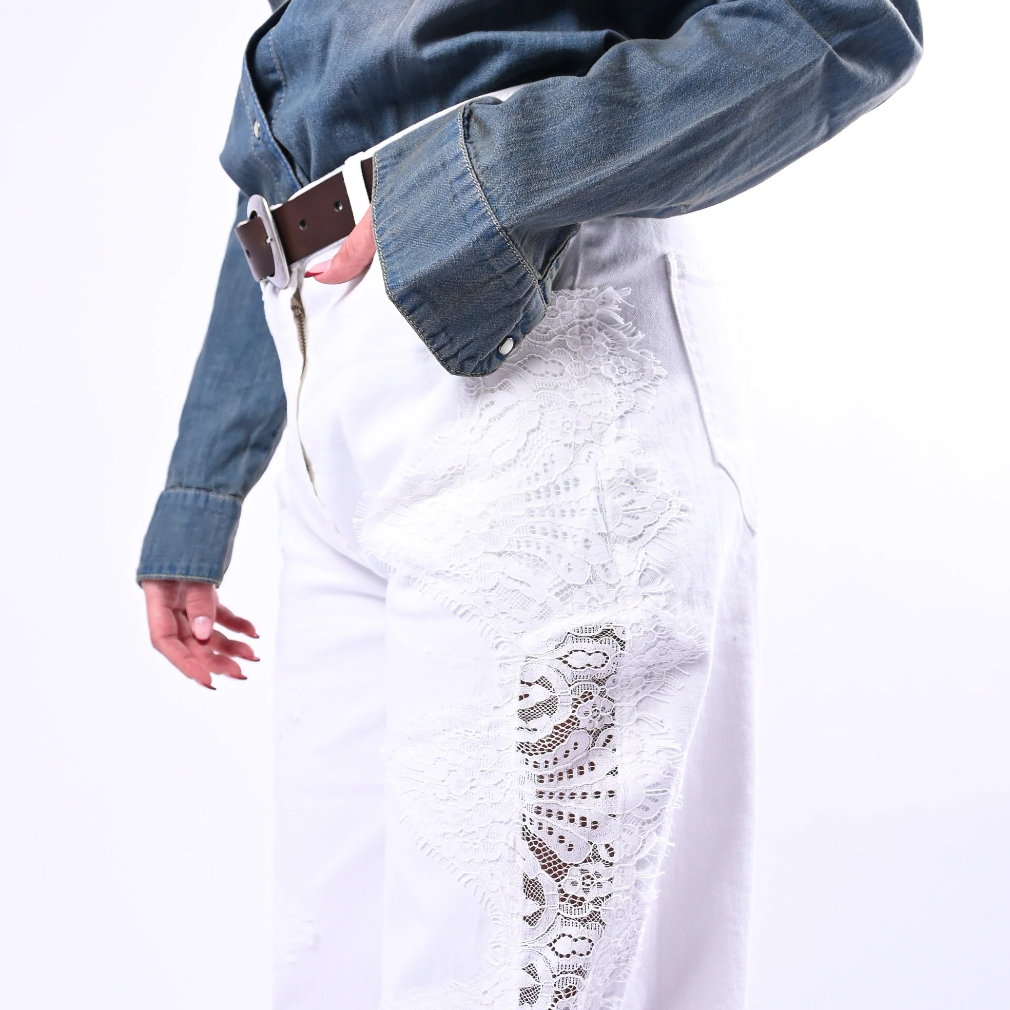 SOUVENIR - PANTALONE BULL DENIM CON INSERTI PIZZO ART.S39M1024 - PANNA - Image 5