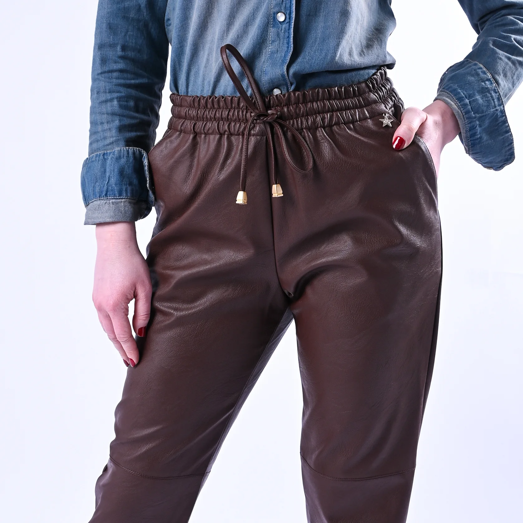 SOUVENIR - PANTALONE COULISSE ECOPELLE ART.S39M0800 - CIOCCOLATO - Image 5