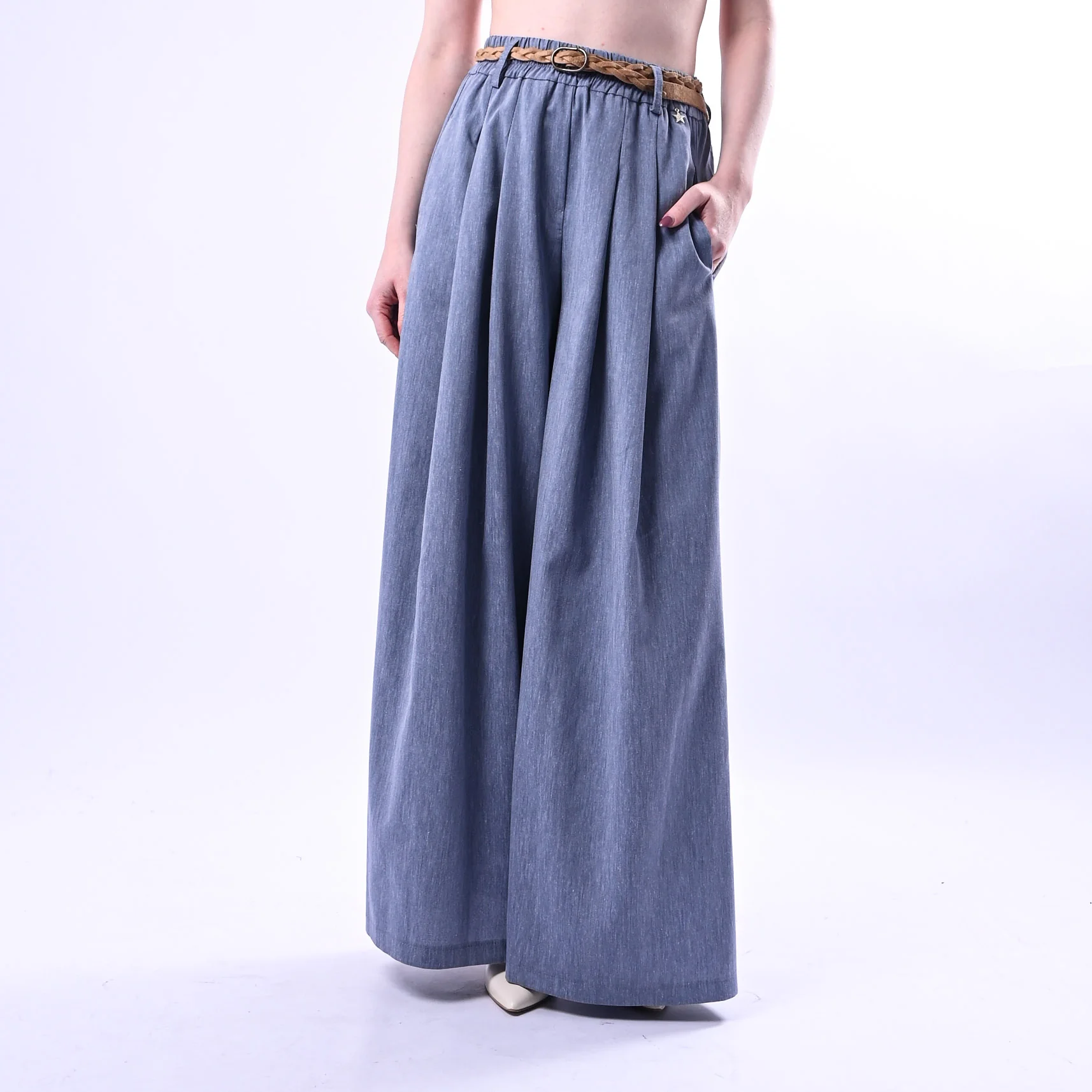 SOUVENIR - PANTALONE FLUIDO AMPIO ART.M39F1459 - MELANGE CELESTE