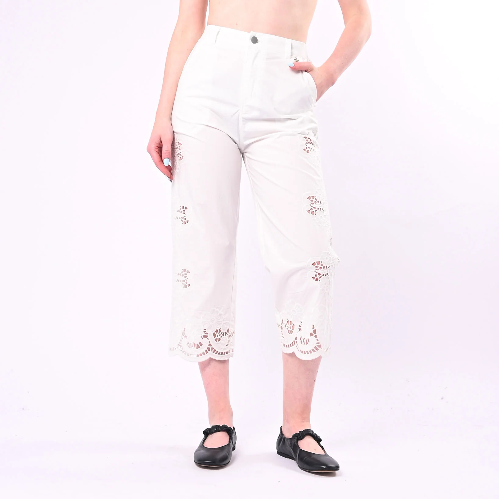 SOUVENIR - PANTALONE POPELINE CON RICAMI SANGALLO ART.M39FX1310/B - BIANCO