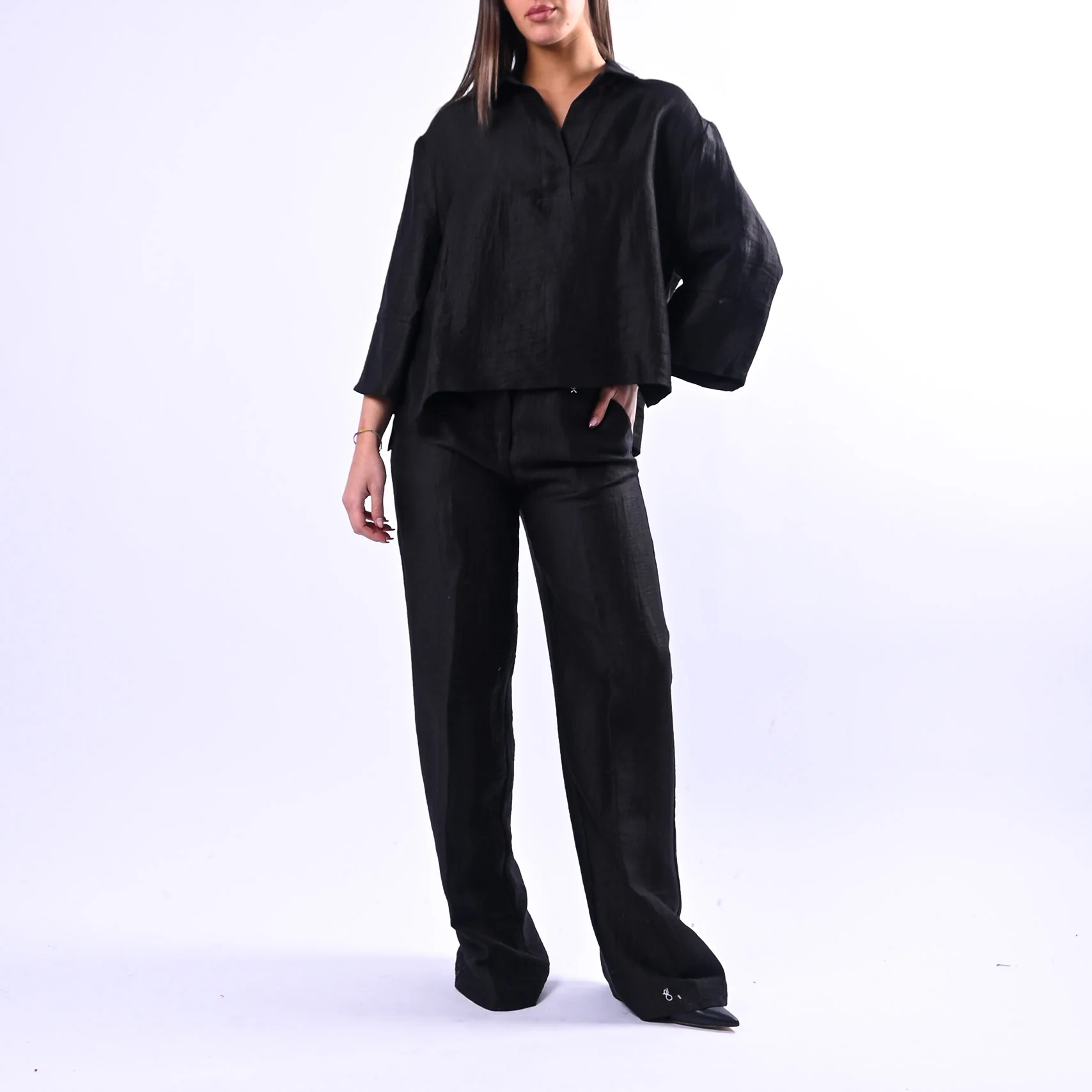 SOUVENIR PRIVE' - BLUSA A SCATOLA IN SHANTUNG ART.W39S0250 - NERO