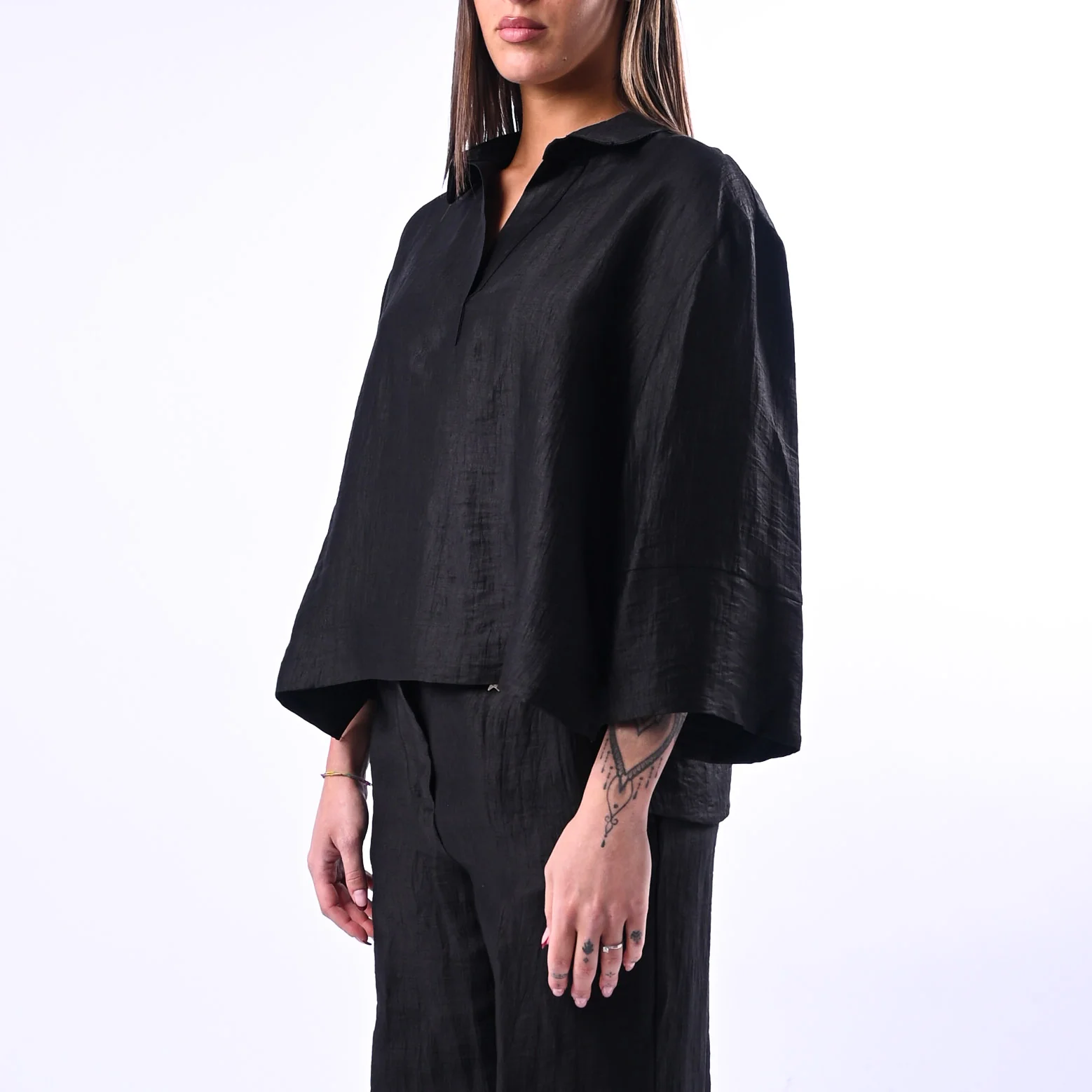 SOUVENIR PRIVE' - BLUSA A SCATOLA IN SHANTUNG ART.W39S0250 - NERO - Image 4