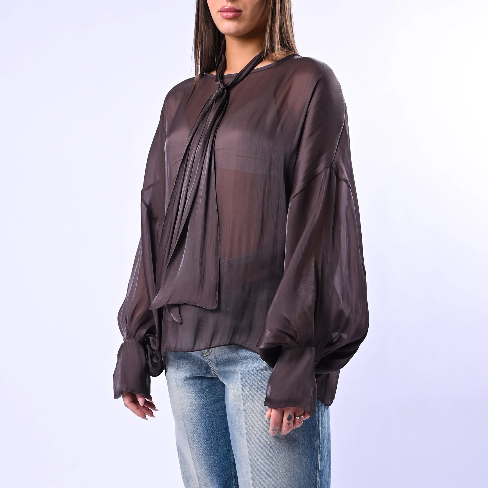 SOUVENIR PRIVE' - CAMICIA OVER FLUIDA CON FUSCIACCA ART.T39R0126 - MOKA - Image 2