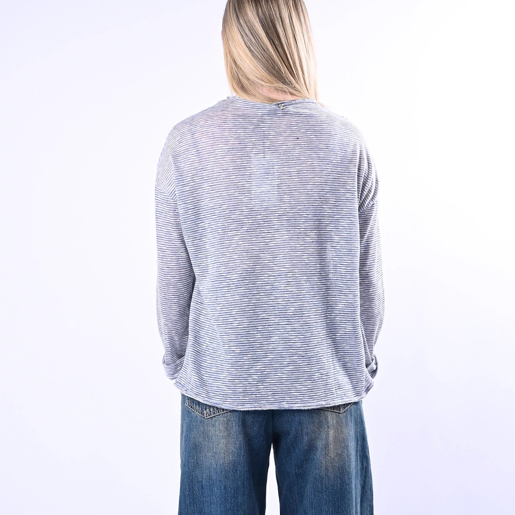 SOUVENIR - T-SHIRT A RIGHE TAGLIO VIVO COTONE/LINO ART.B39M1009/B - BLU - Image 4