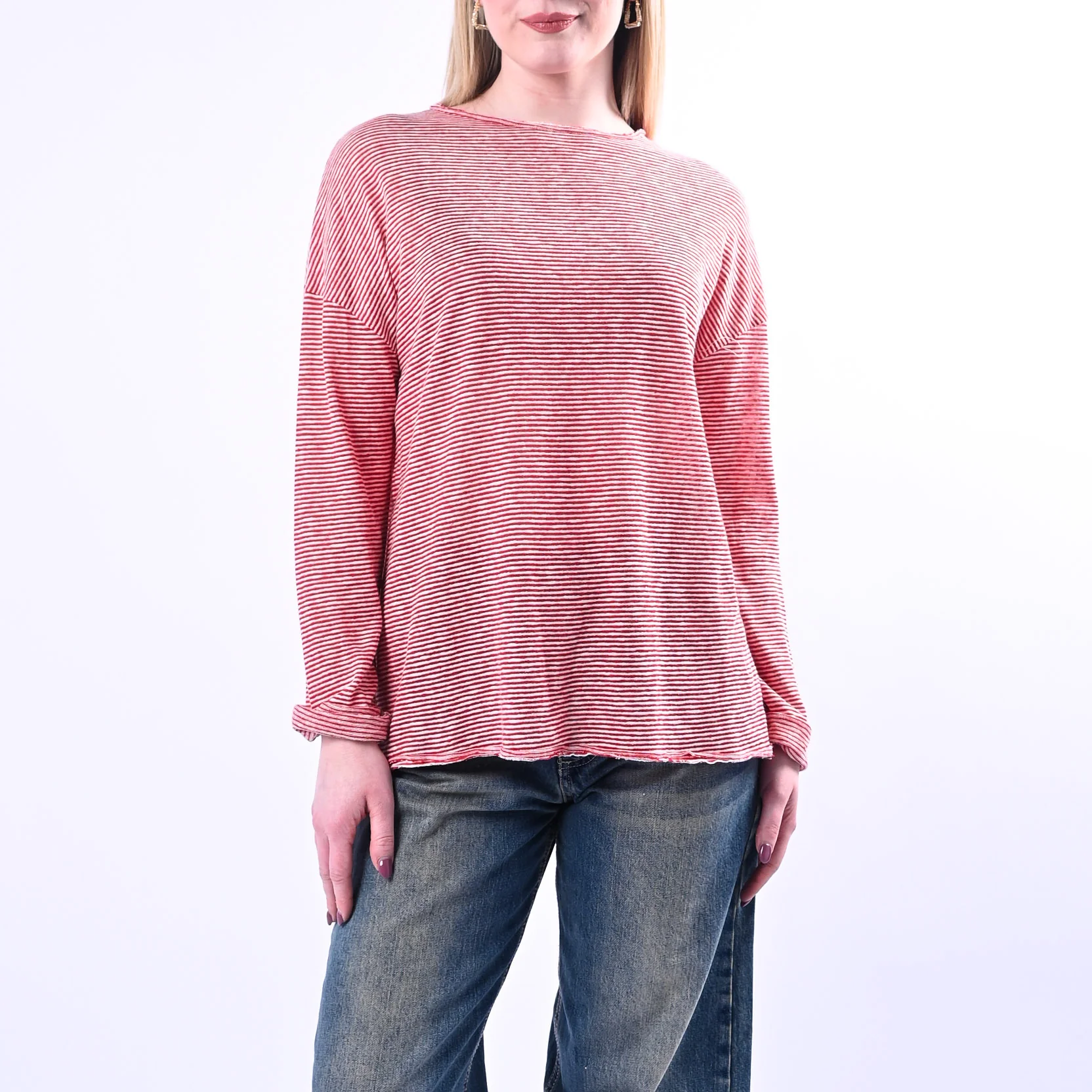 SOUVENIR - T-SHIRT A RIGHE TAGLIO VIVO COTONE/LINO ART.B39M1009/R - ROSSO