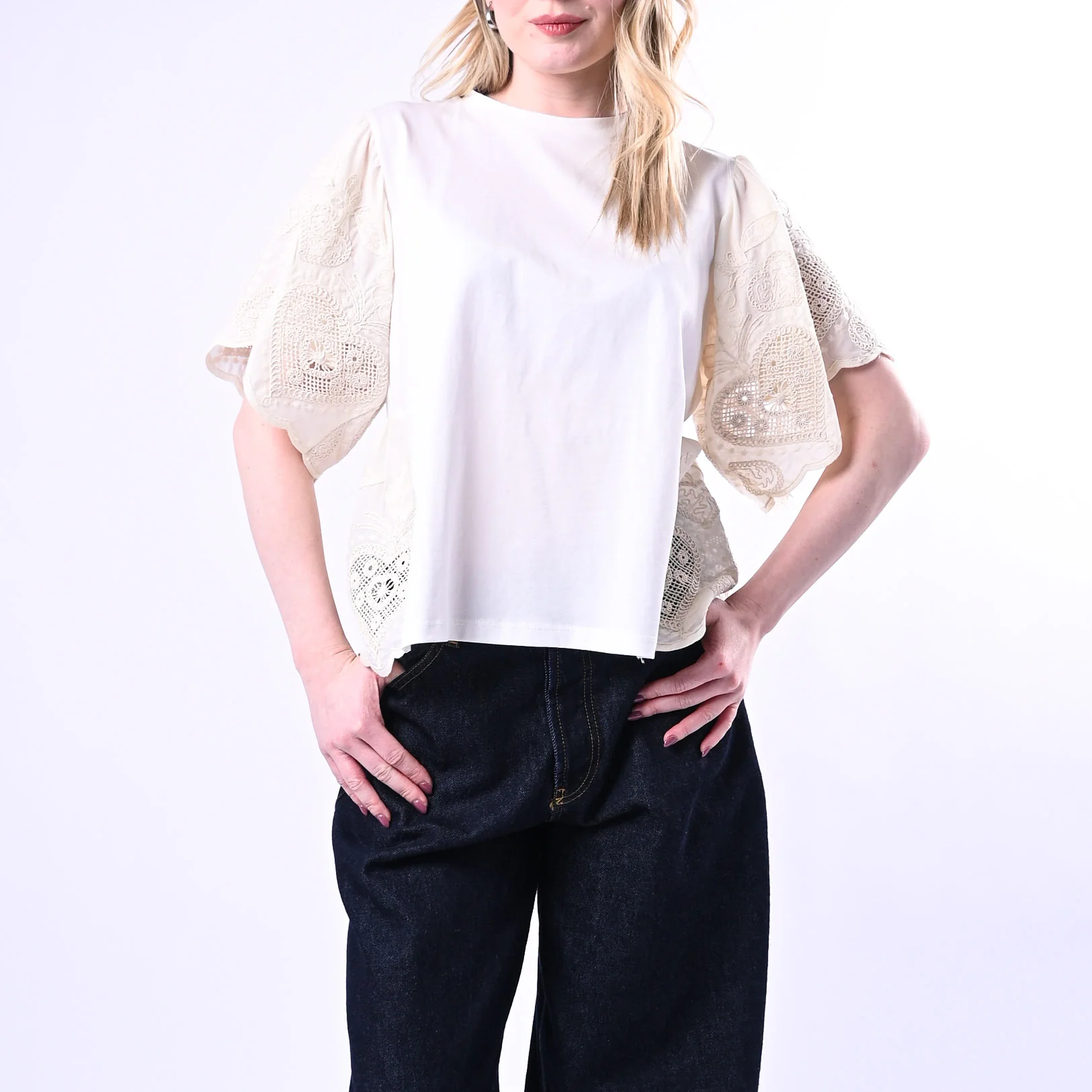 SOUVENIR - T-SHIRT CON INSERTI SAN GALLO ART.M39F1159 - PANNA