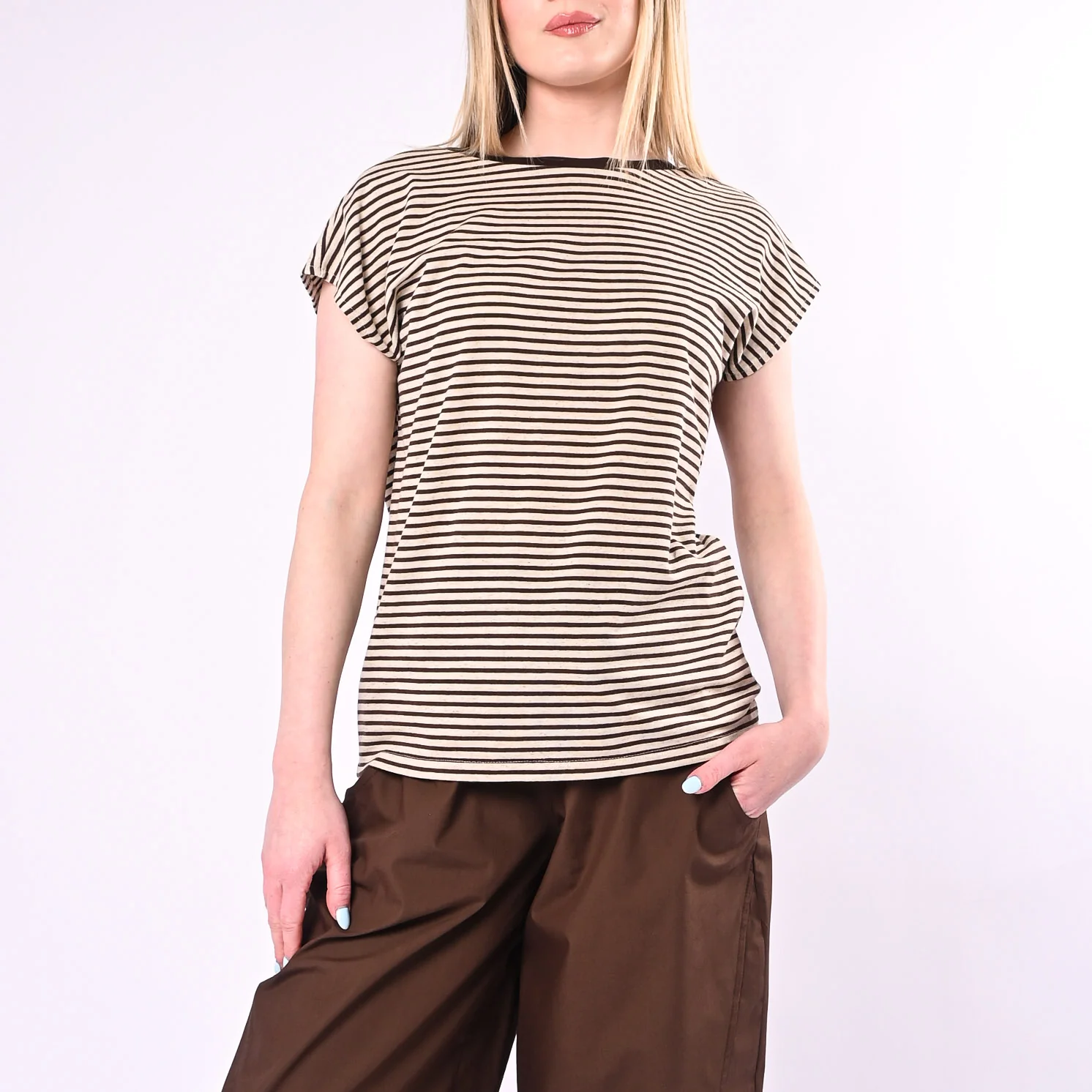 SOUVENIR - T-SHIRT RIGHE SCOLLO V DIETRO ART.M39F1419/PC - PANNA/MORO