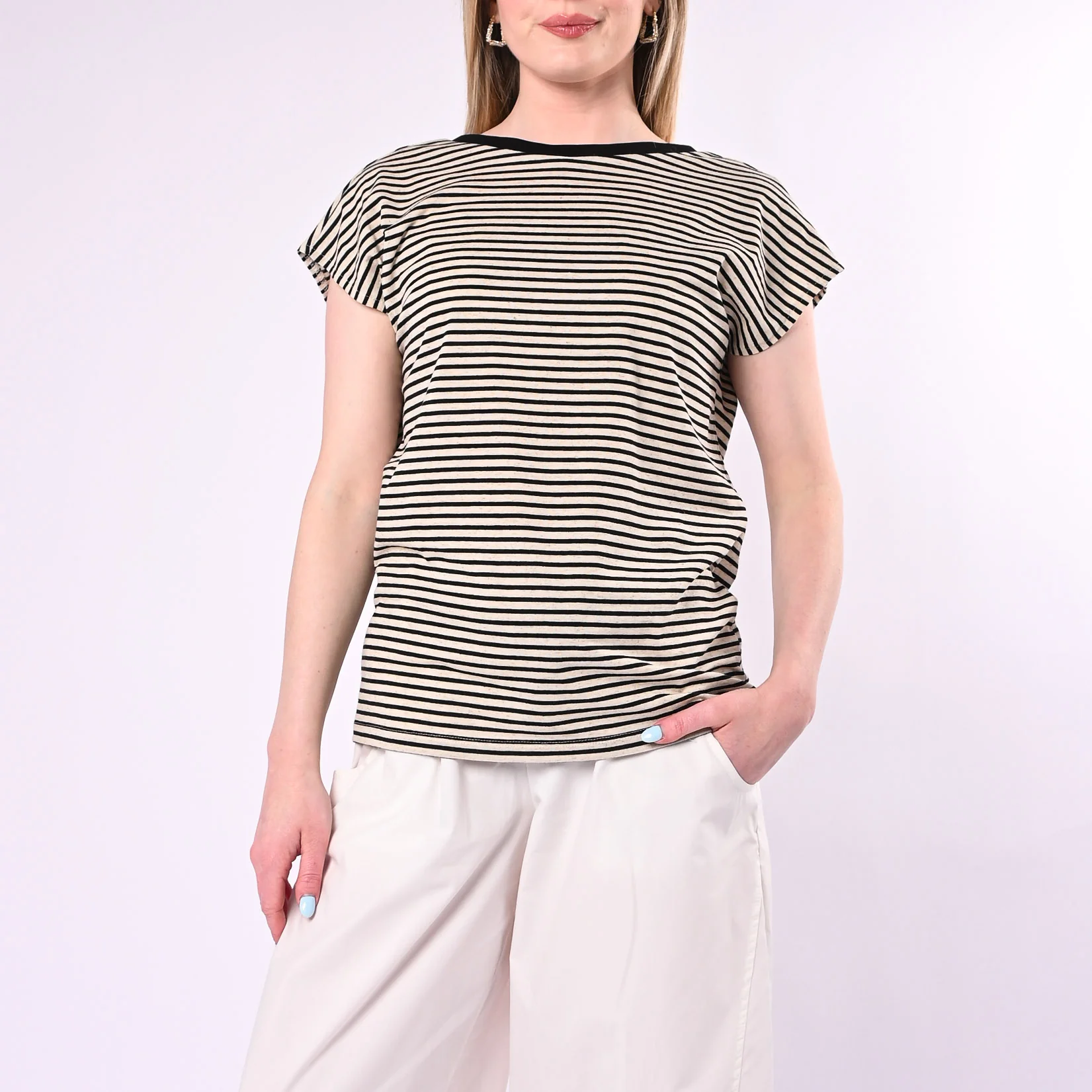 SOUVENIR - T-SHIRT RIGHE SCOLLO V DIETRO ART.M39F1419/PN - PANNA/NERO