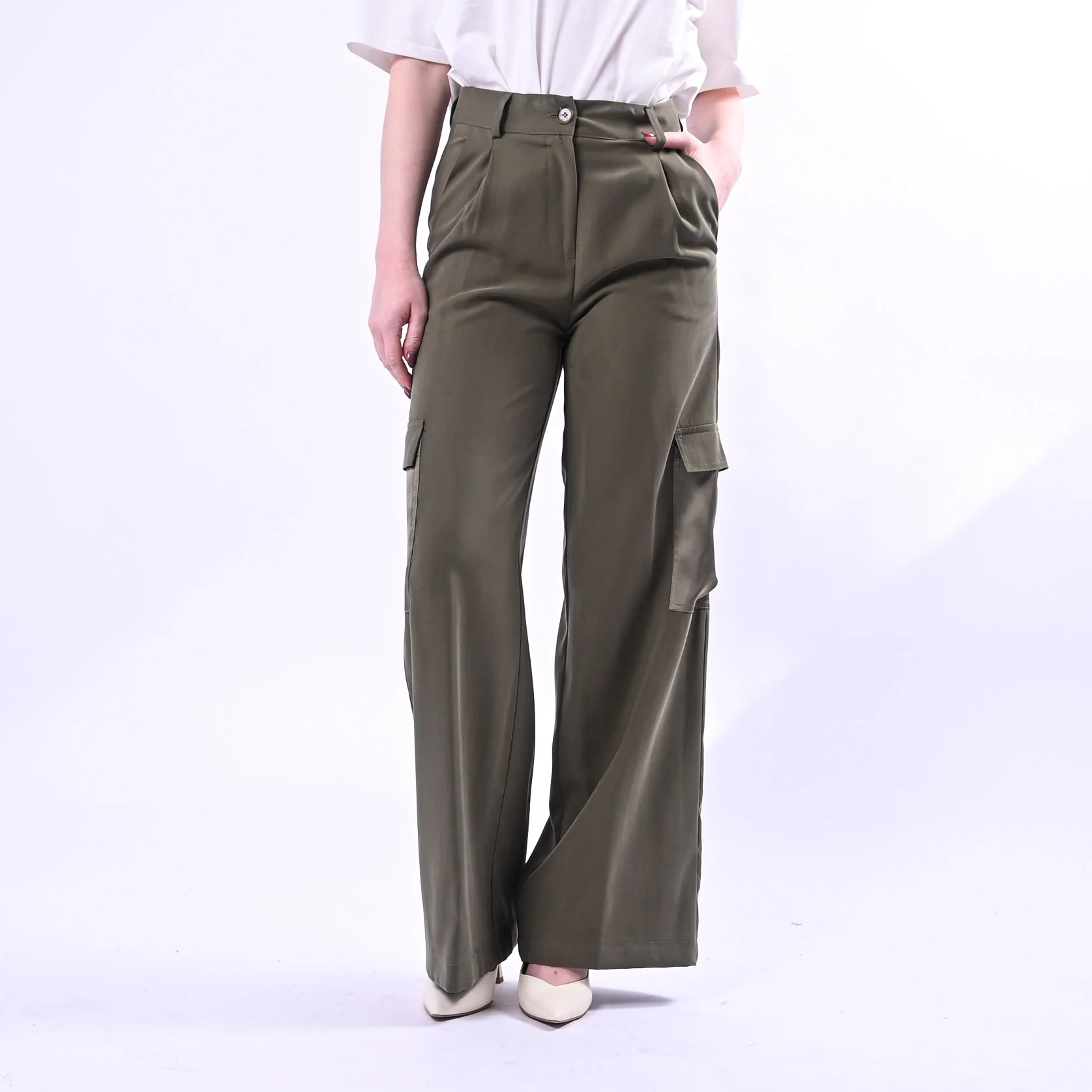 SPENCER - PANTALONE CARGO PALAZZO IN VISCOSA ART.JEEP-TWILL/M - MILITARE