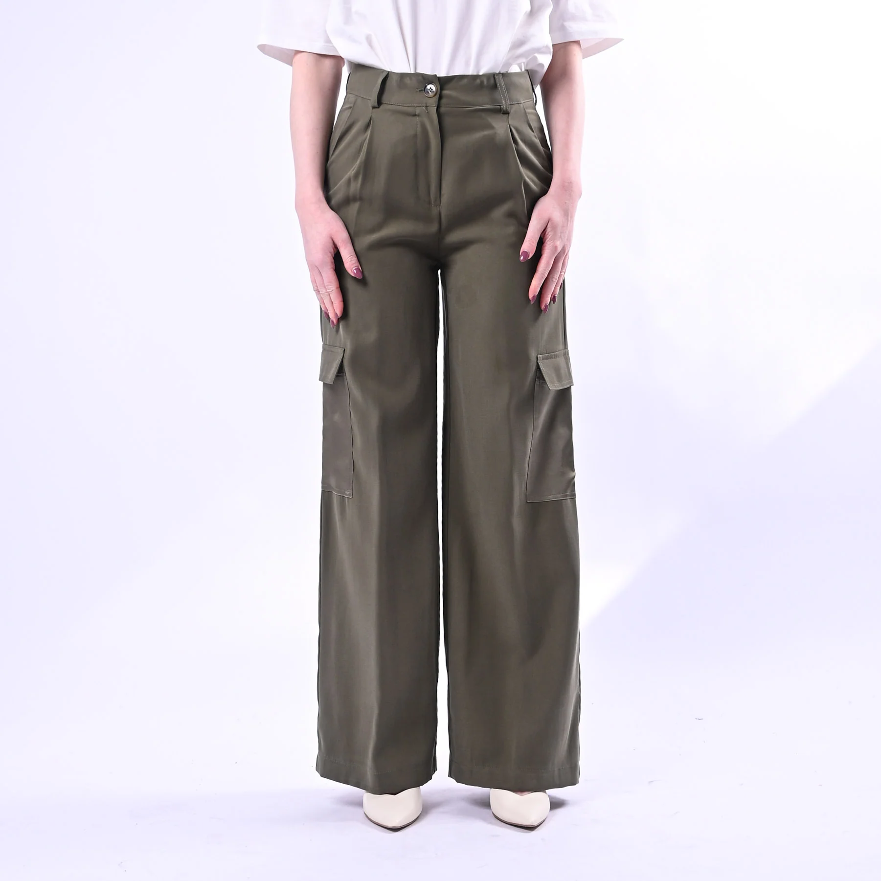 SPENCER - PANTALONE CARGO PALAZZO IN VISCOSA ART.JEEP-TWILL/M - MILITARE - Image 2