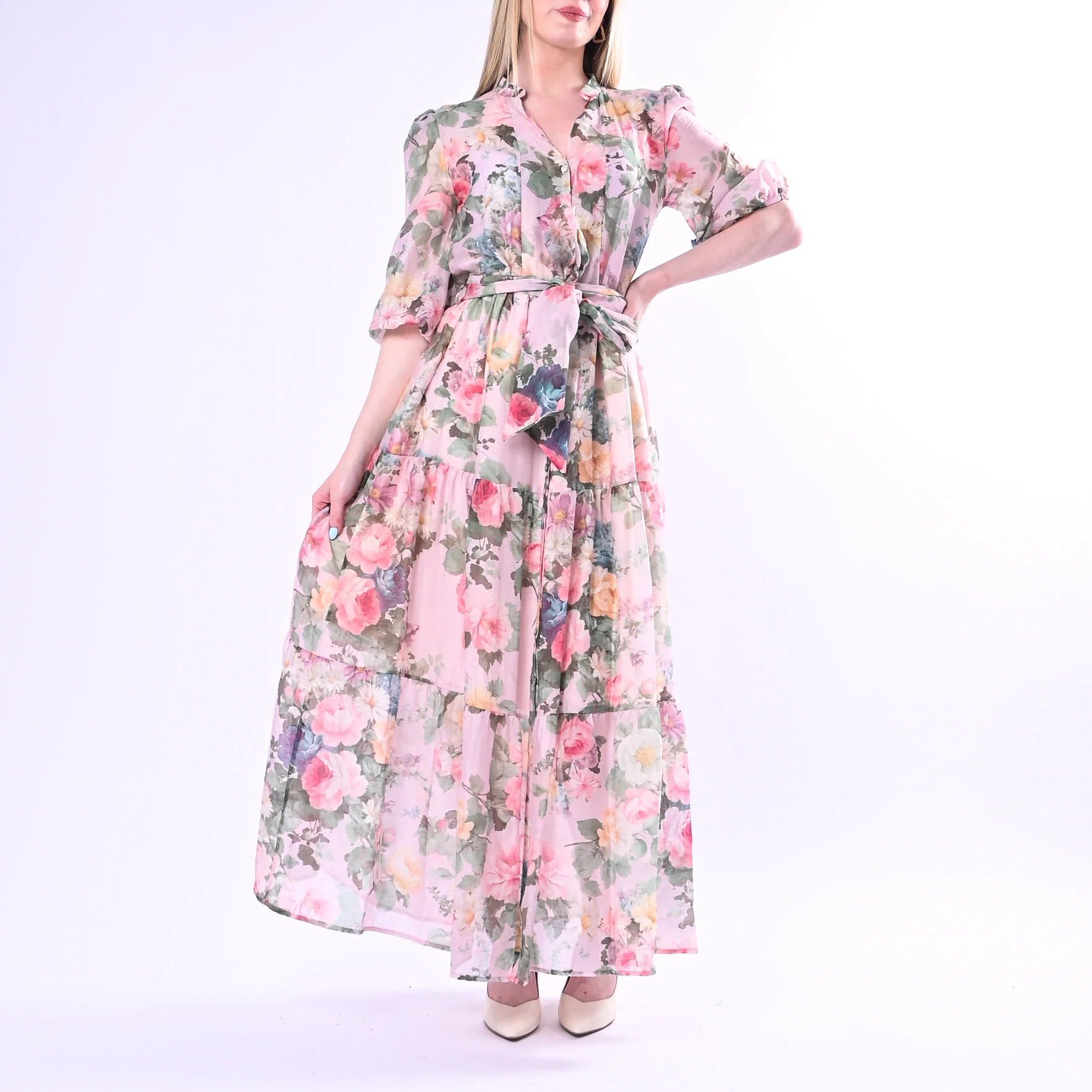 TENSIONE IN - ABITO LUNGO FLOREALE CON BALZE ART. S26AC33/R - ROSA
