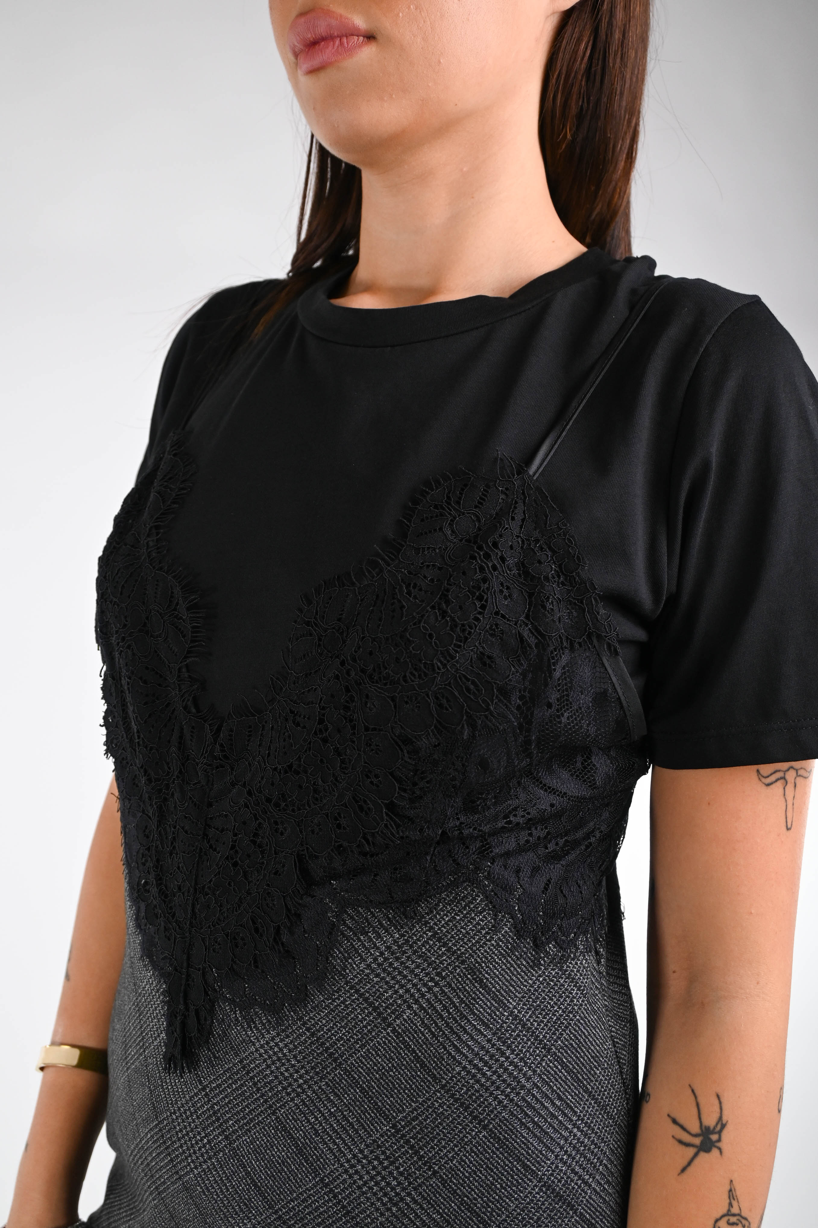 TENSIONE IN - ABITO + T-SHIRT SPALLINA CON PIZZO ART.37709 - CHECK NERO - Image 5