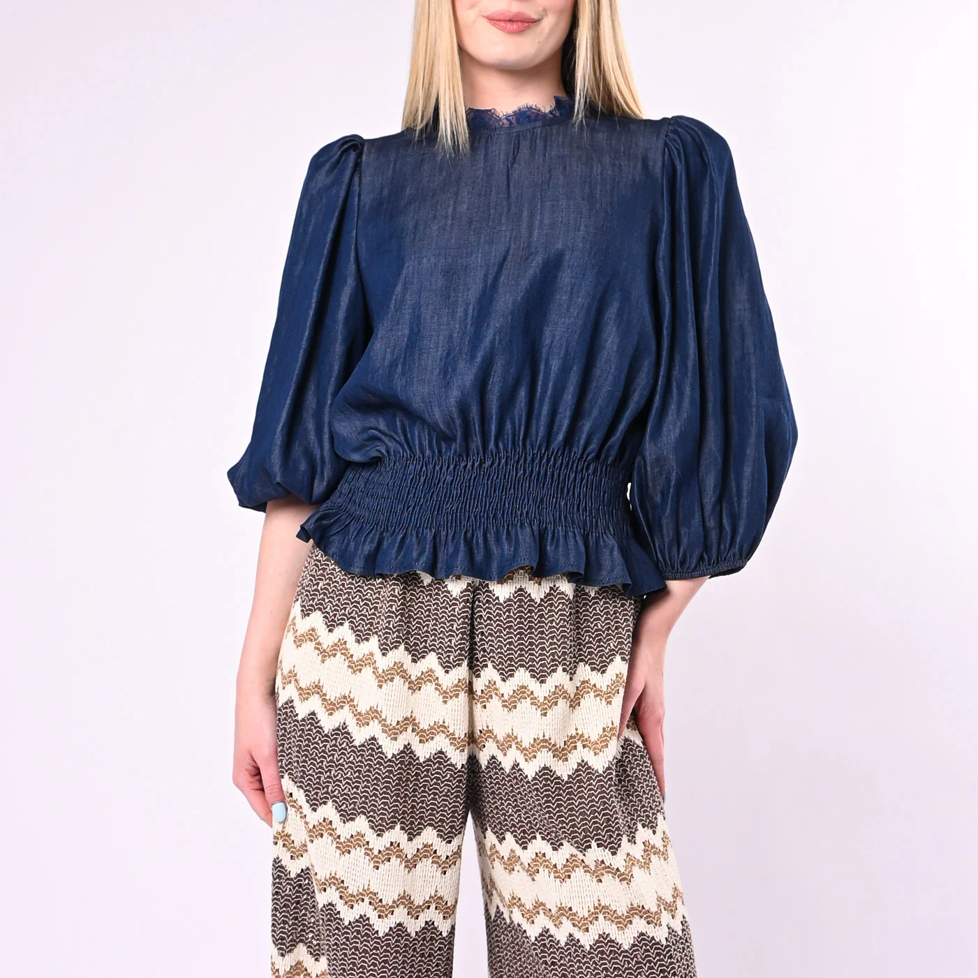 TENSIONE IN - BLUSA CHAMBRAY ARRICCIATA IN VITA ART.S26CD26/B - BLU