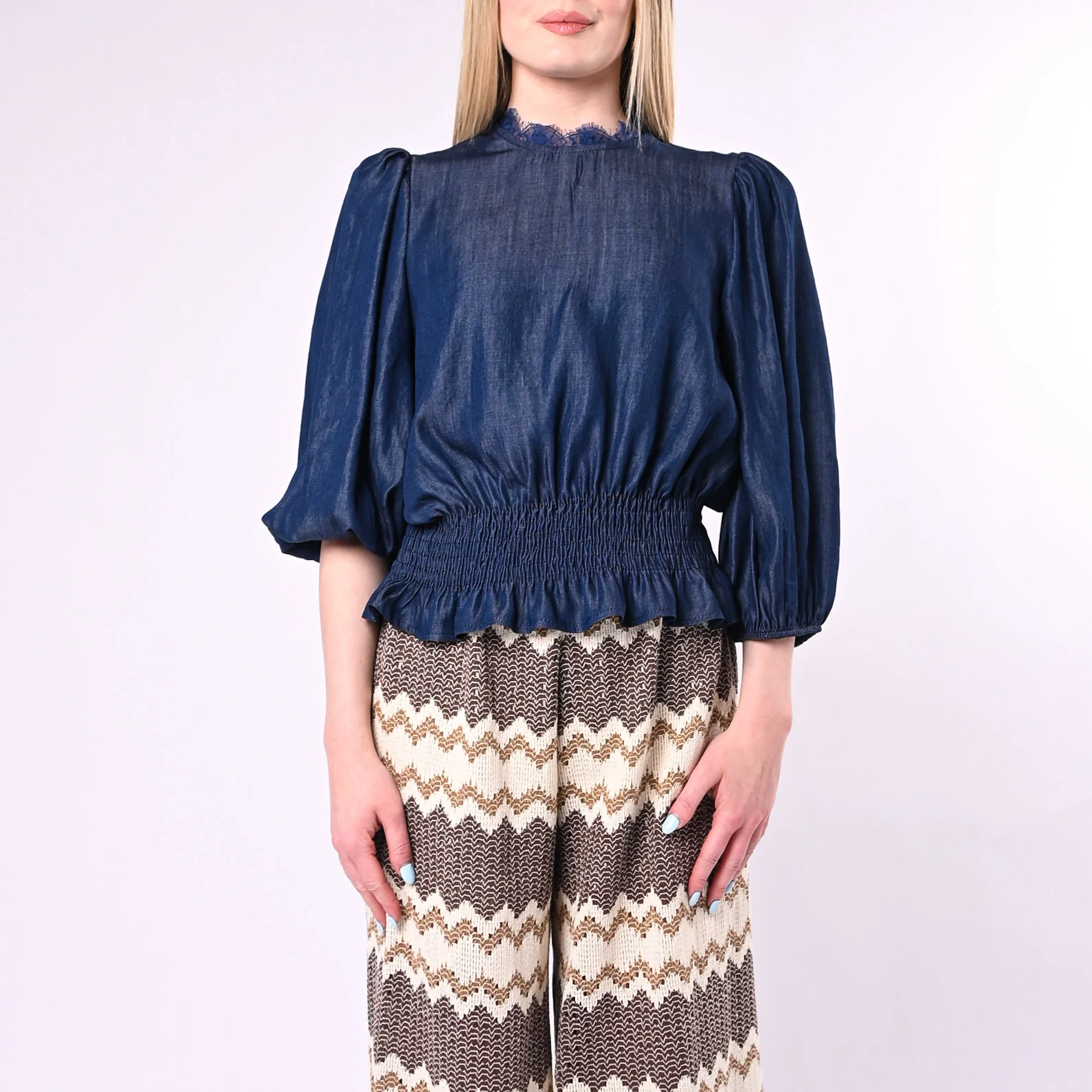 TENSIONE IN - BLUSA CHAMBRAY ARRICCIATA IN VITA ART.S26CD26/B - BLU - Image 2