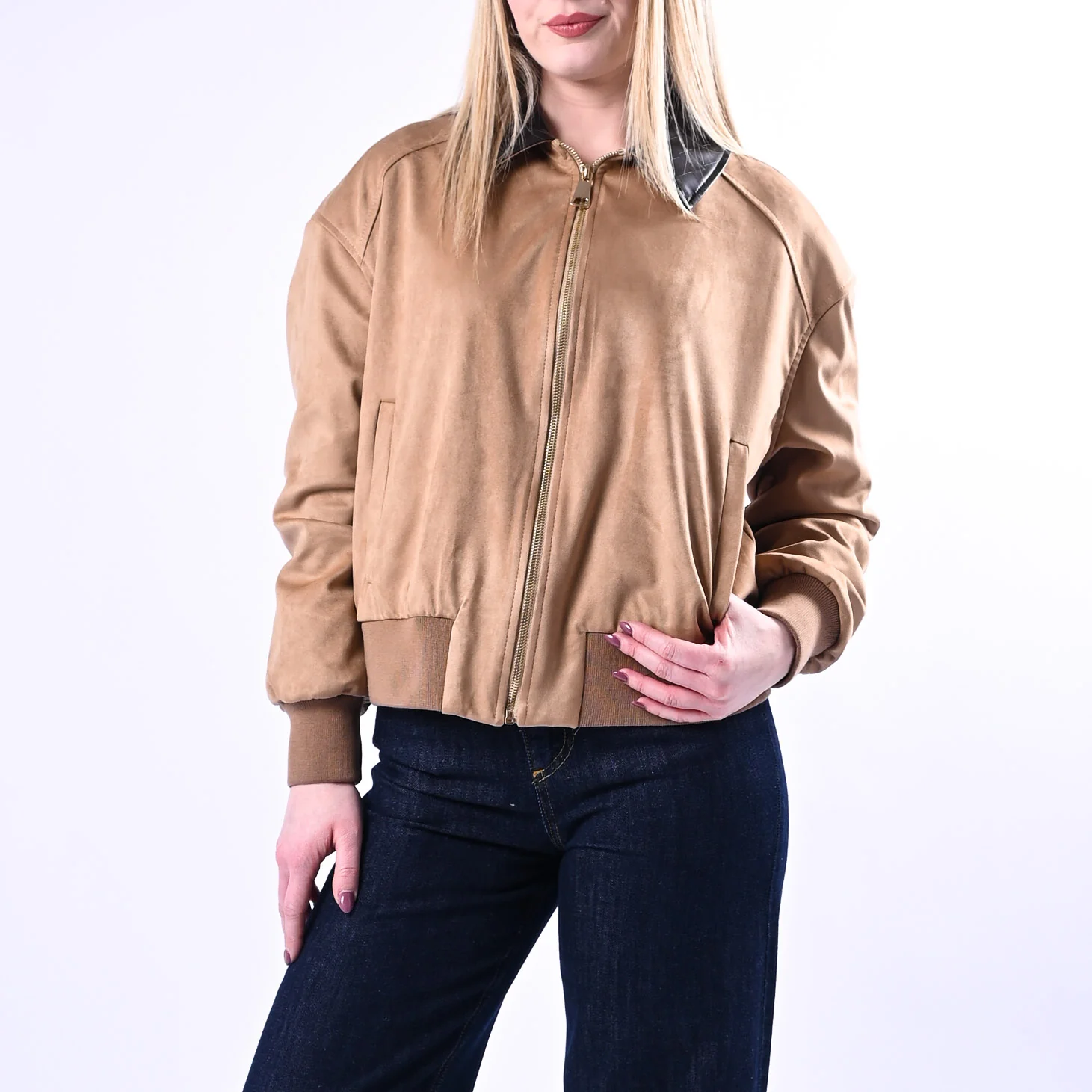 TENSIONE IN - BOMBER SUEDE CON COLLETTO PUNTO QUADRATO ART.26B4336 - BEIGE