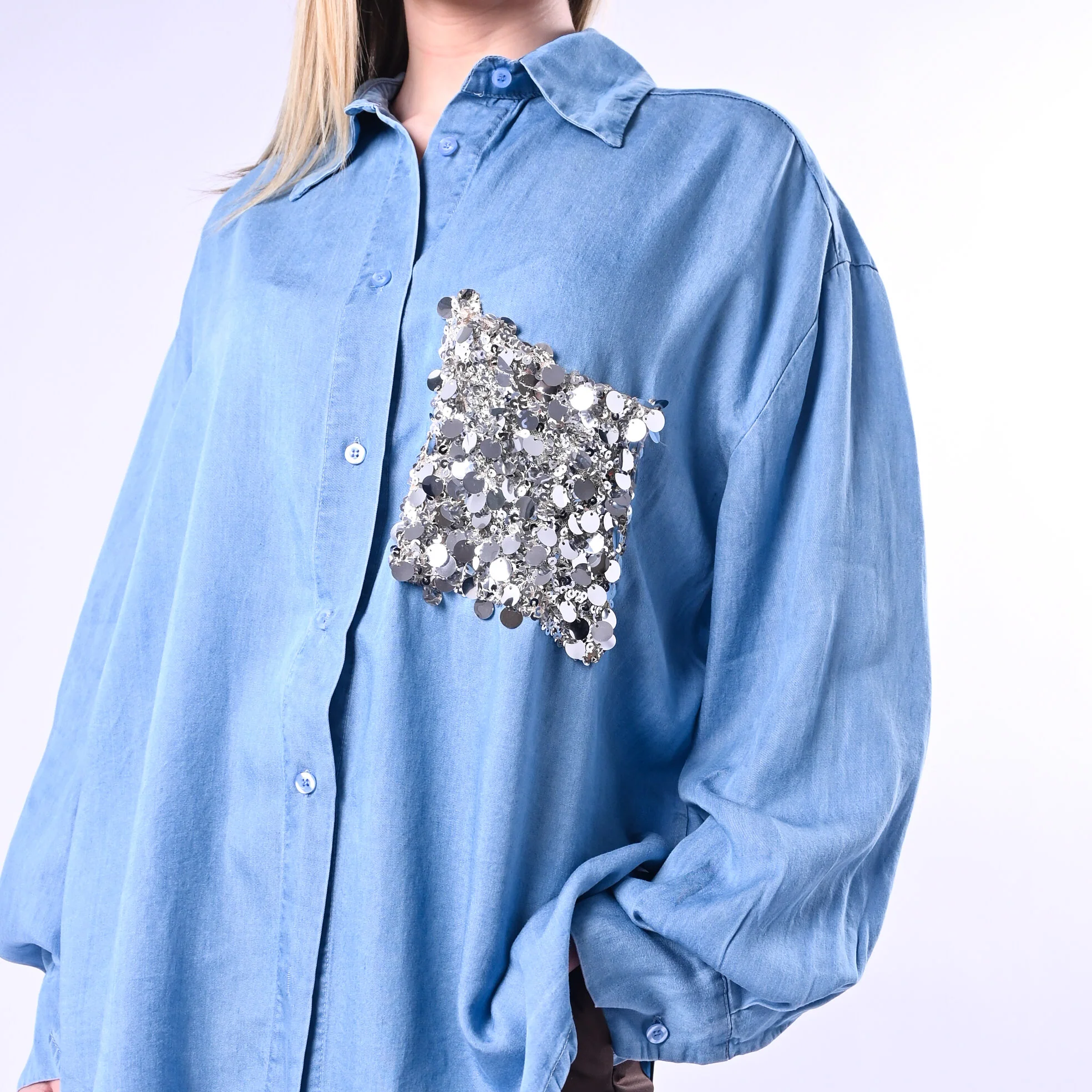 TENSIONE IN - CAMICIA CHAMBRAY OVER TASCA PAILLETTES ART. PE260153/D - DENIM - Image 5